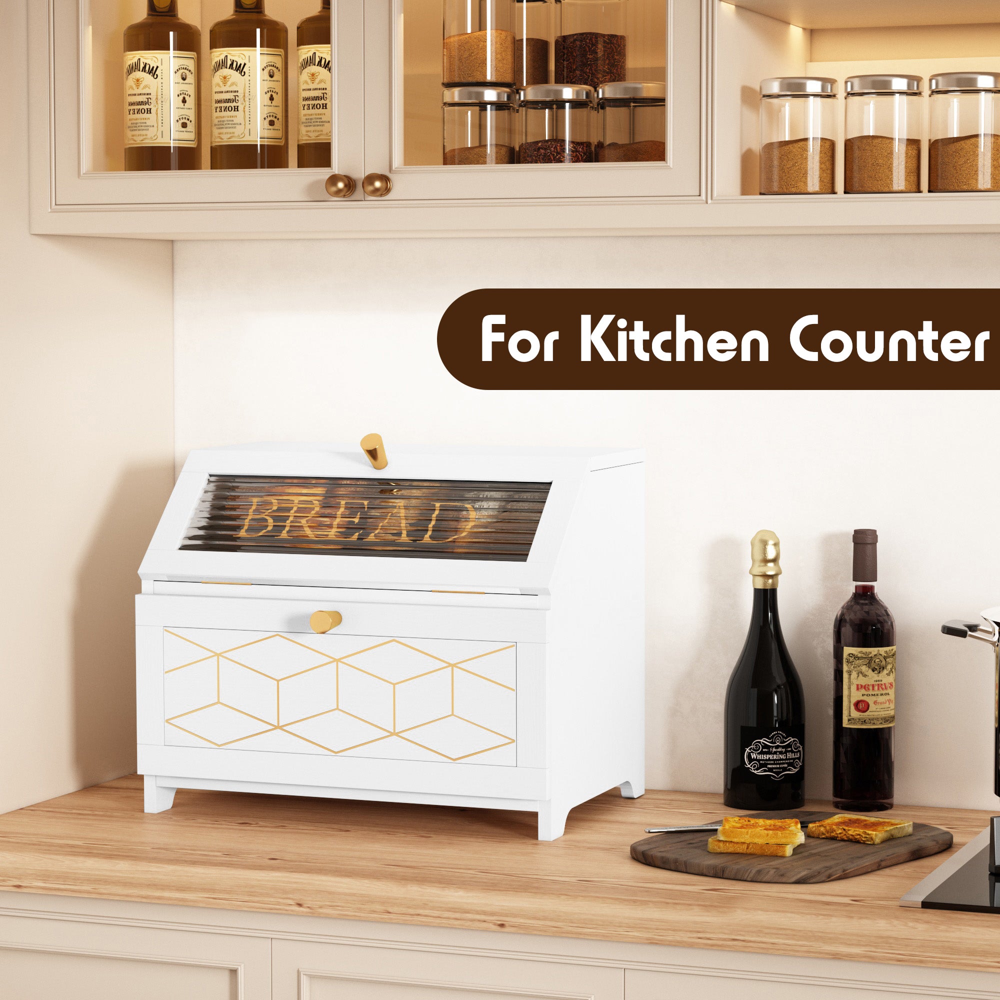HLR Large Bread Box, Wood 2-layer Bread Box Storage for Kitchen Counter, with Bar Pattern Windows, White
