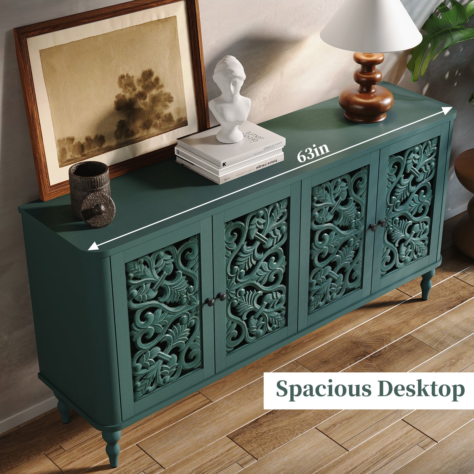 CBJCBJ 63" Retro Arc Carved Sideboard Buffet Cabinet, Wooden Credenza Storage for Dining Room, Green