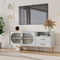 HLR Modern 60” TV Stand for 65-inch TVs with Glass Door & Drawers, Entertainment Center with Storage, Living Room, White