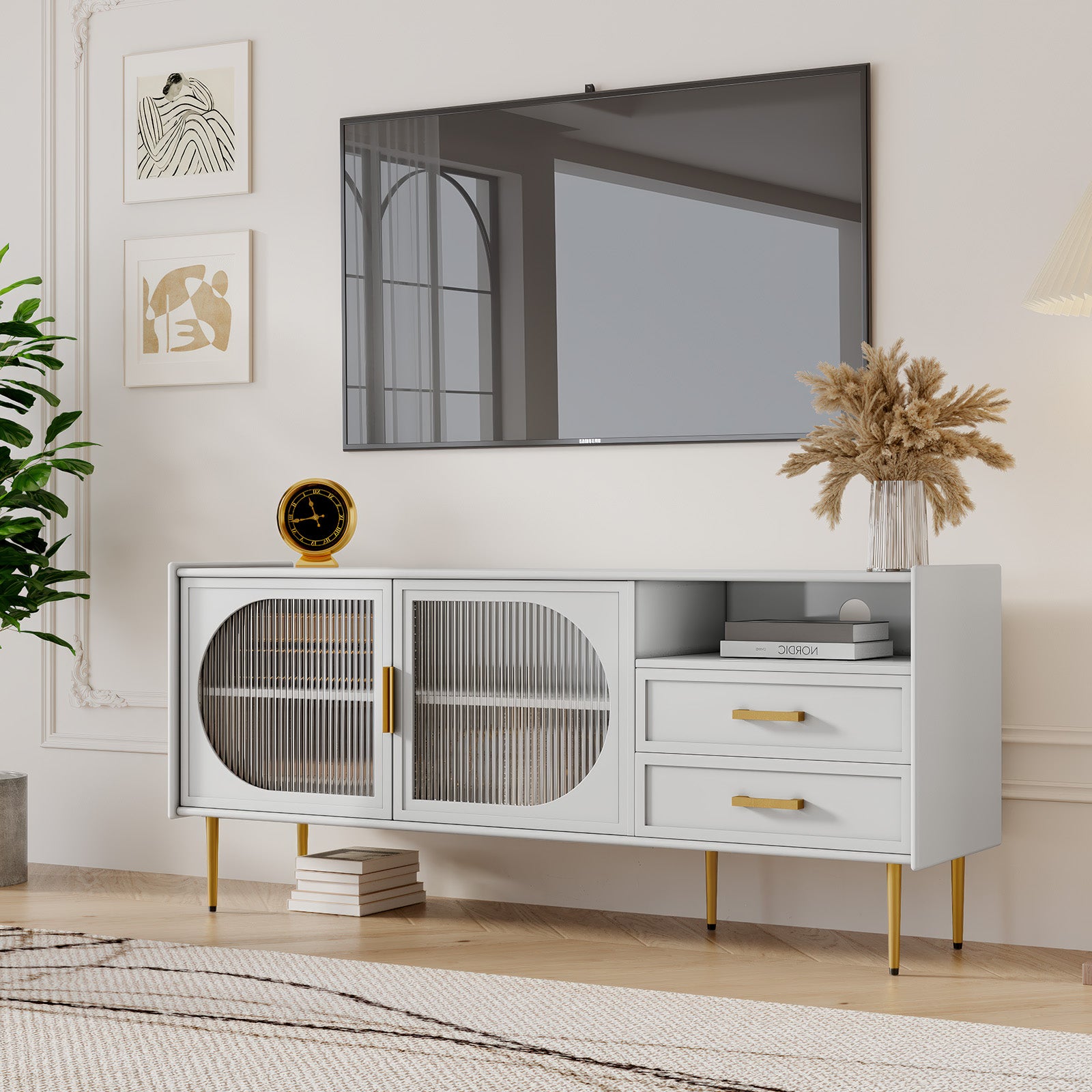 HLR Modern 60” TV Stand for 65-inch TVs with Glass Door & Drawers, Entertainment Center with Storage, Living Room, White