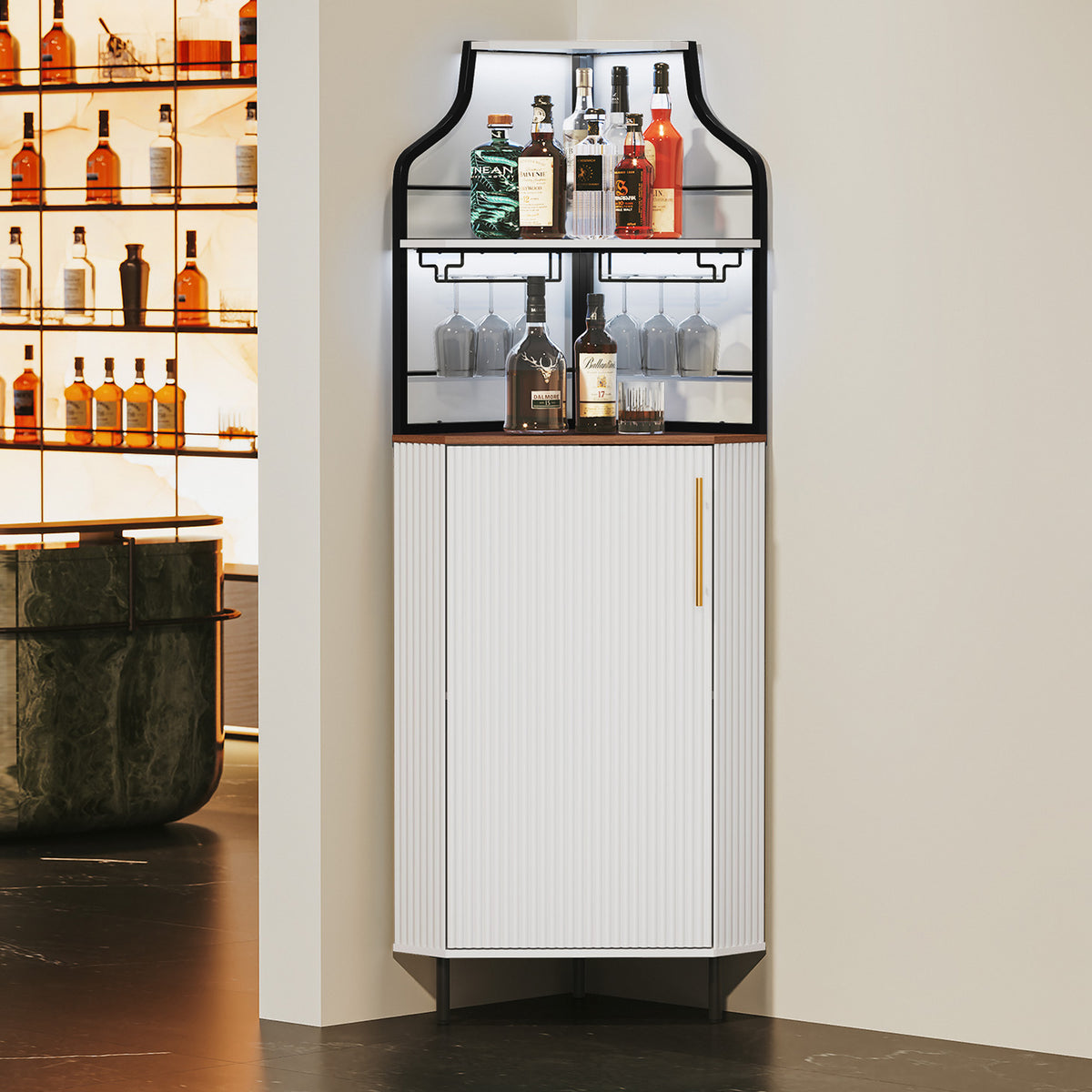 HLR Corner Coffee Bar Cabinet with LED Strip, 4-Tiers Modern Tall Liquor Cabinet with Wine Rack for Dining Room, White