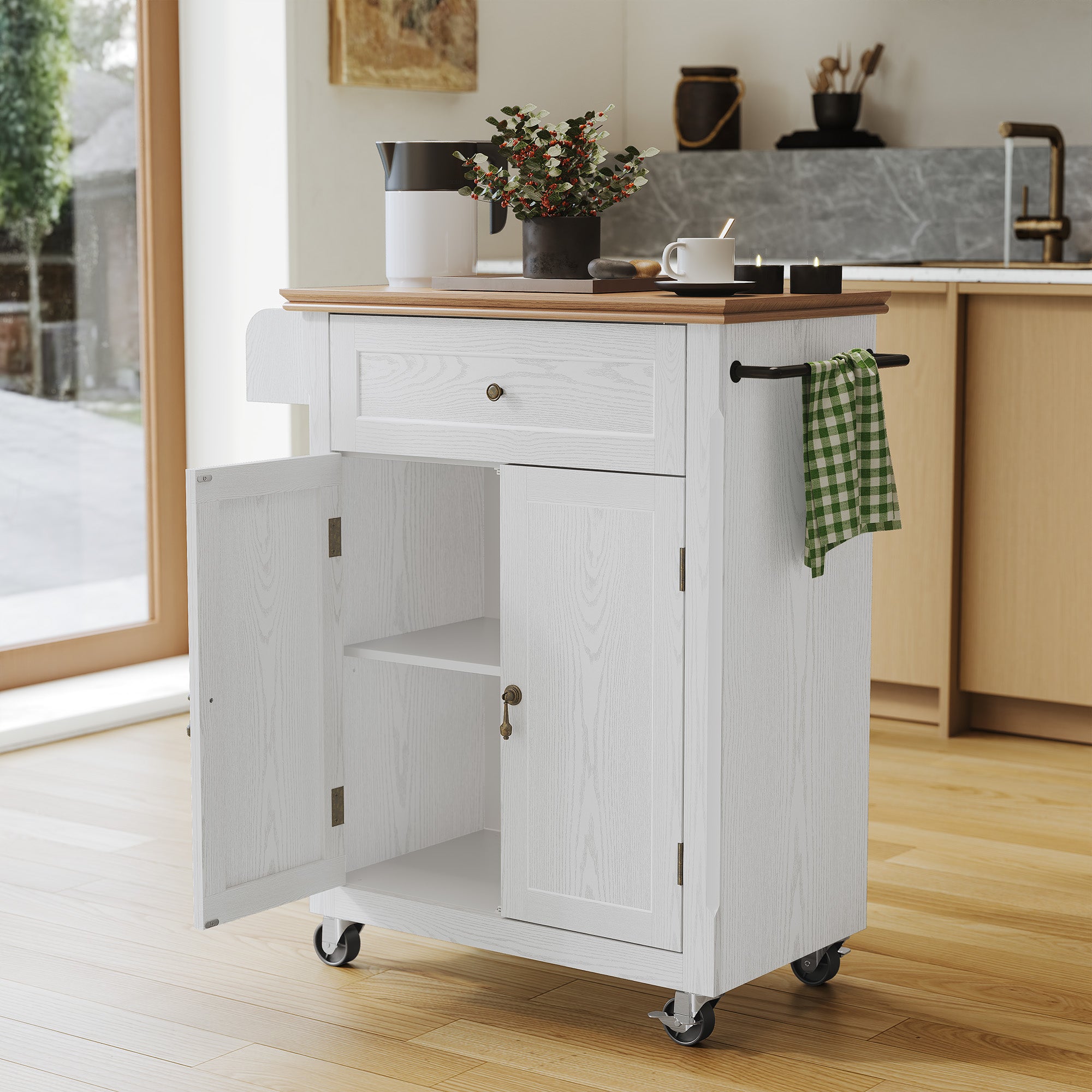 CBJCBJ Kitchen Islands Cart on Wheels with Storage, Wood Microwave Table with Drawers and Spice Box , for Dining Room,White