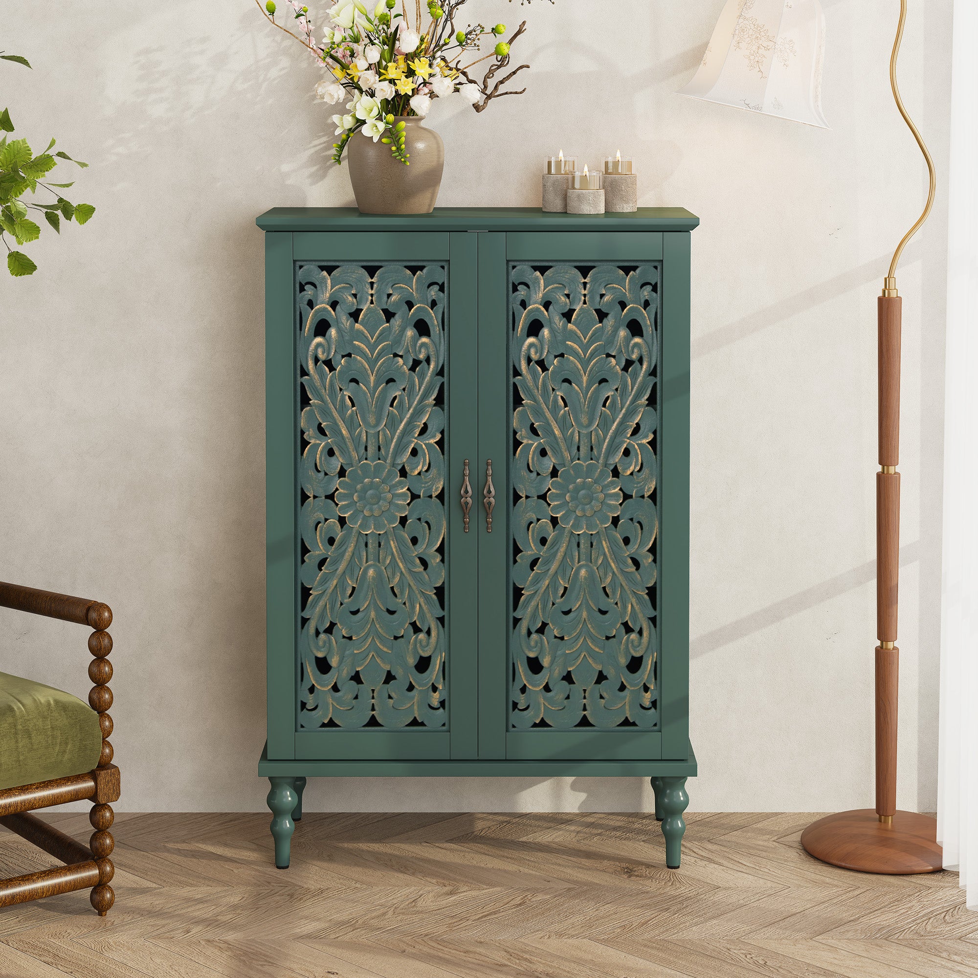 HLR Buffet Cabinet with Storage Accent Sideboard, Modern Hollow 2 Doors Credenza for Dining Room, Green