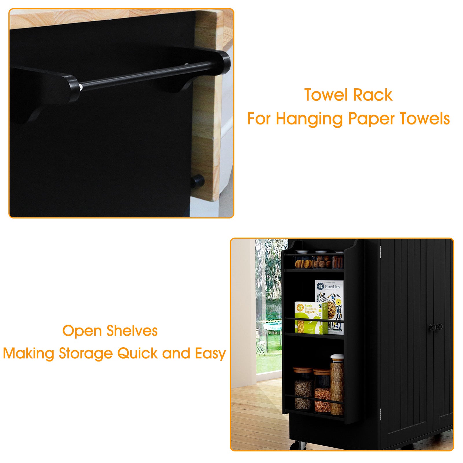 HLR 50.39" Kitchen Islands with Storage, Wood Top Cart with Drop Leaf and Wheels,Black