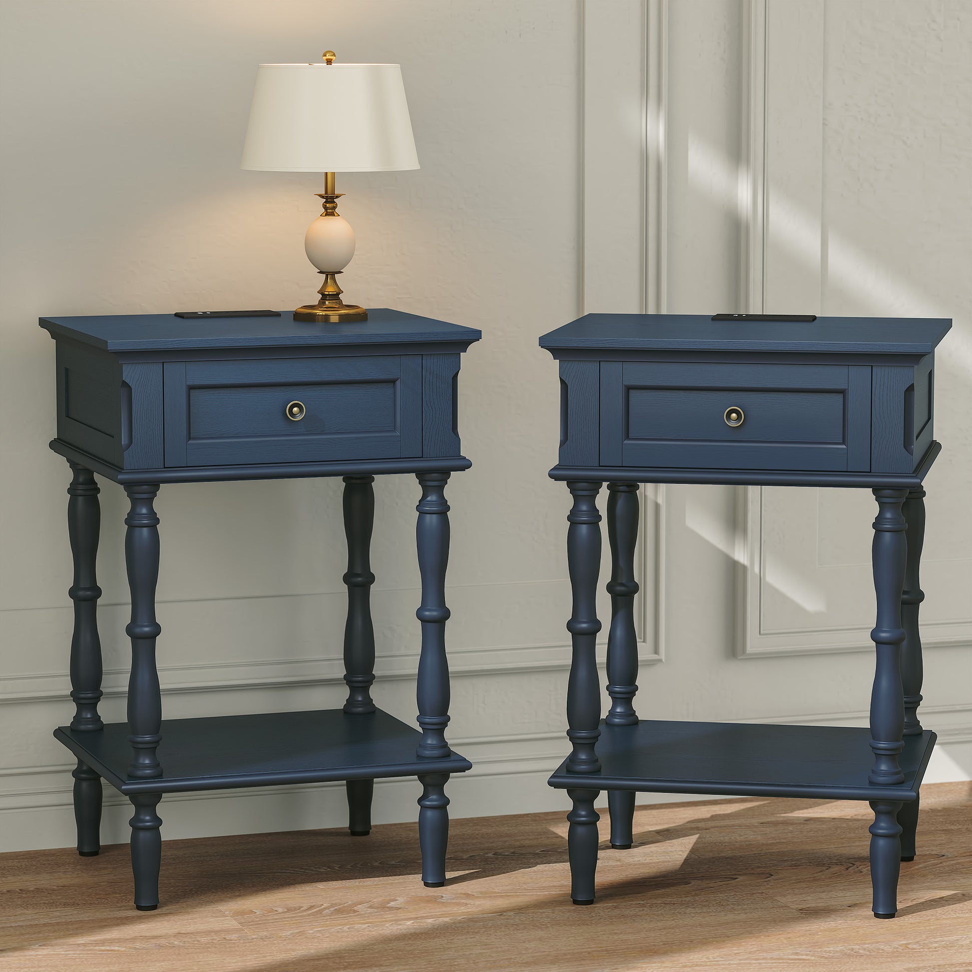 HLR 25" Mid Century Nightstand Set of 2, Assembled Wood Bedroom End Table with Drawers & Shelves