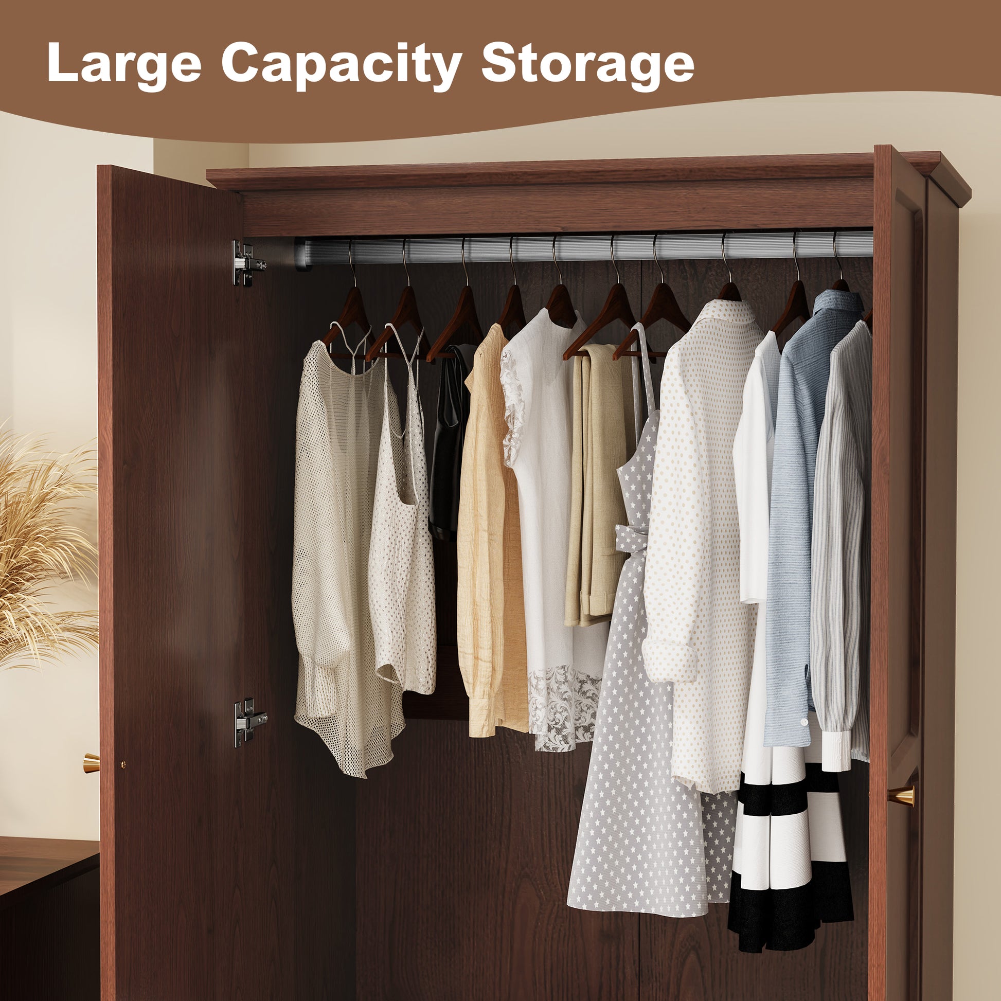 CBJCBJ 70"Mid-Century Wood Armoires Wardrobe Closet, Bedroom Clothing Storage Cabinet with Hanging Rail, Brown