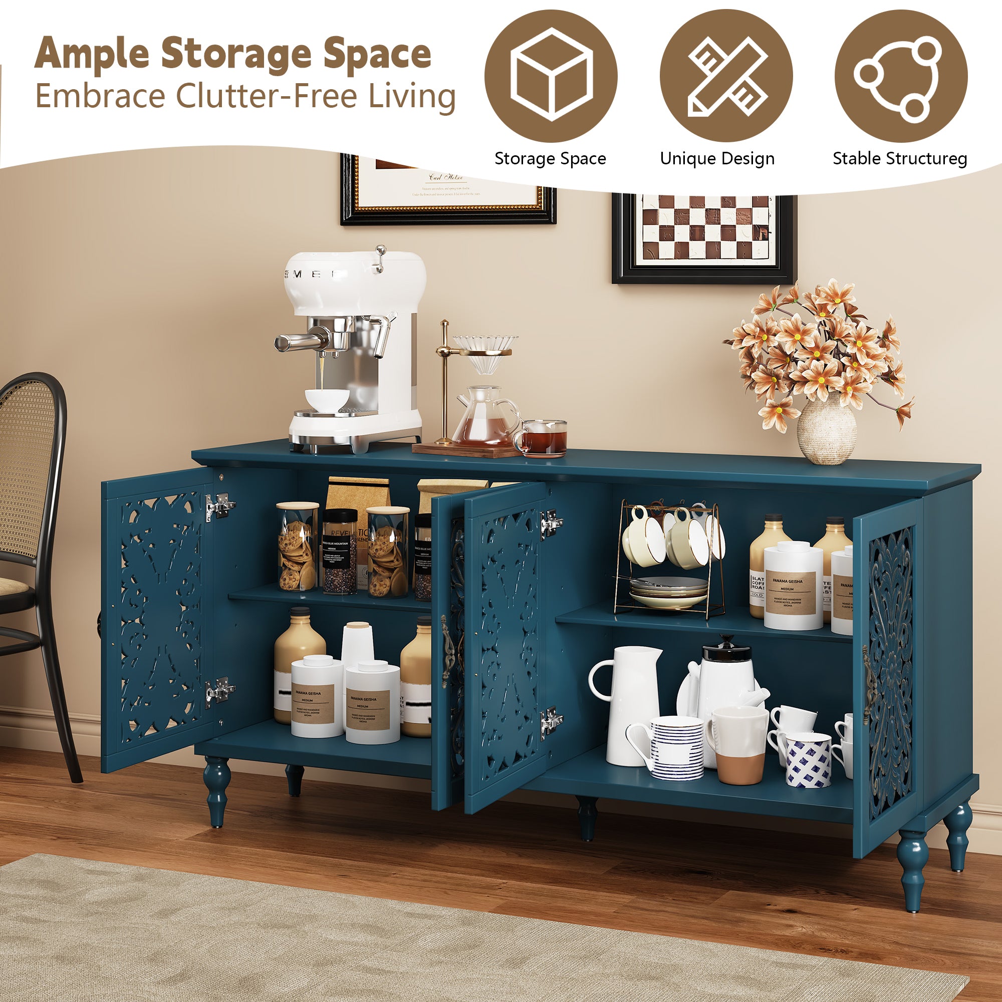 HLR 62'' Mid Century Vintage Sideboards Buffets Cabinet with 4 Doors Storage for Kitchen Dining, Blue
