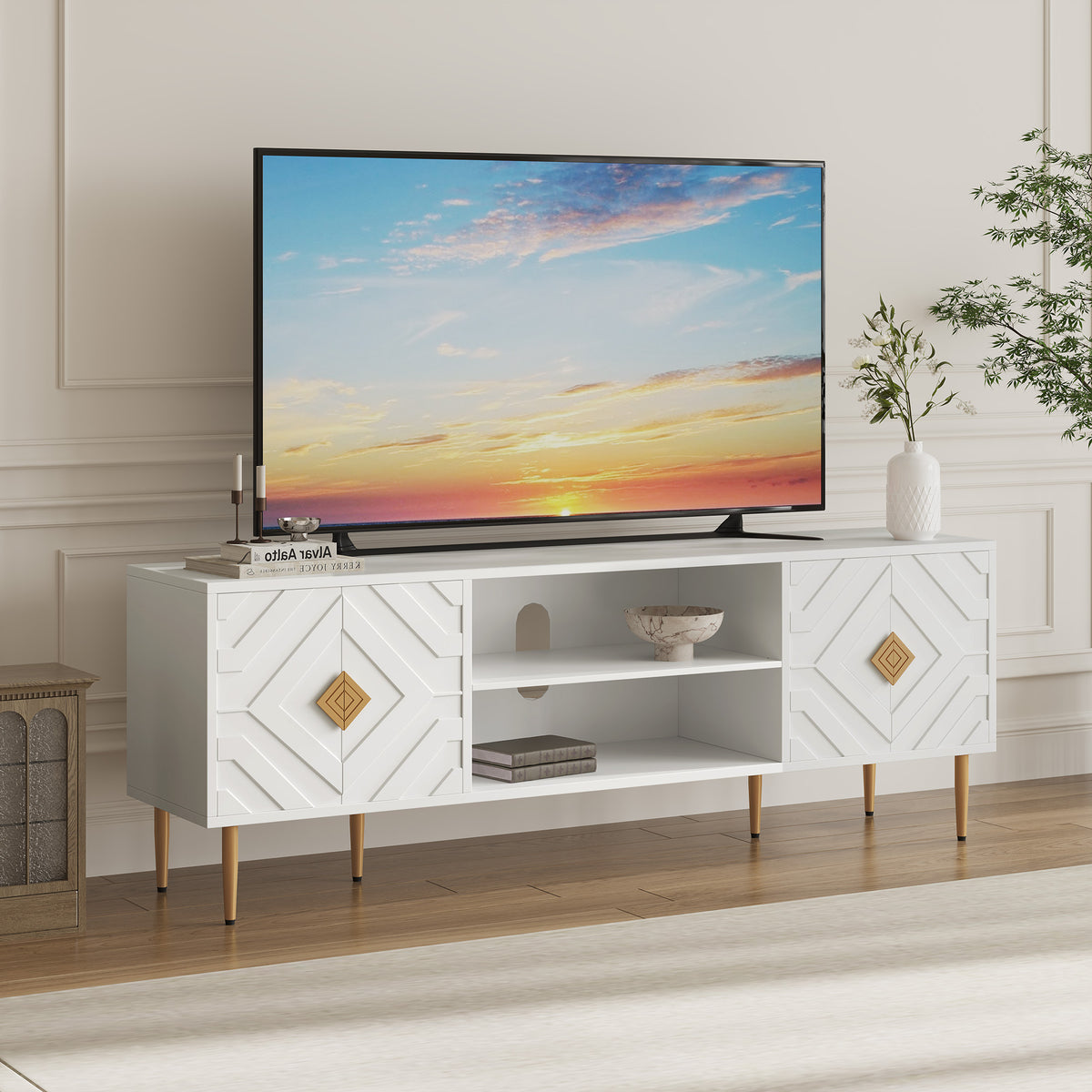 HLR Modern 70" TV Stand, for TVs up to 80", Living Room Entertainment Center with 4 Door Storage Cabinet, White