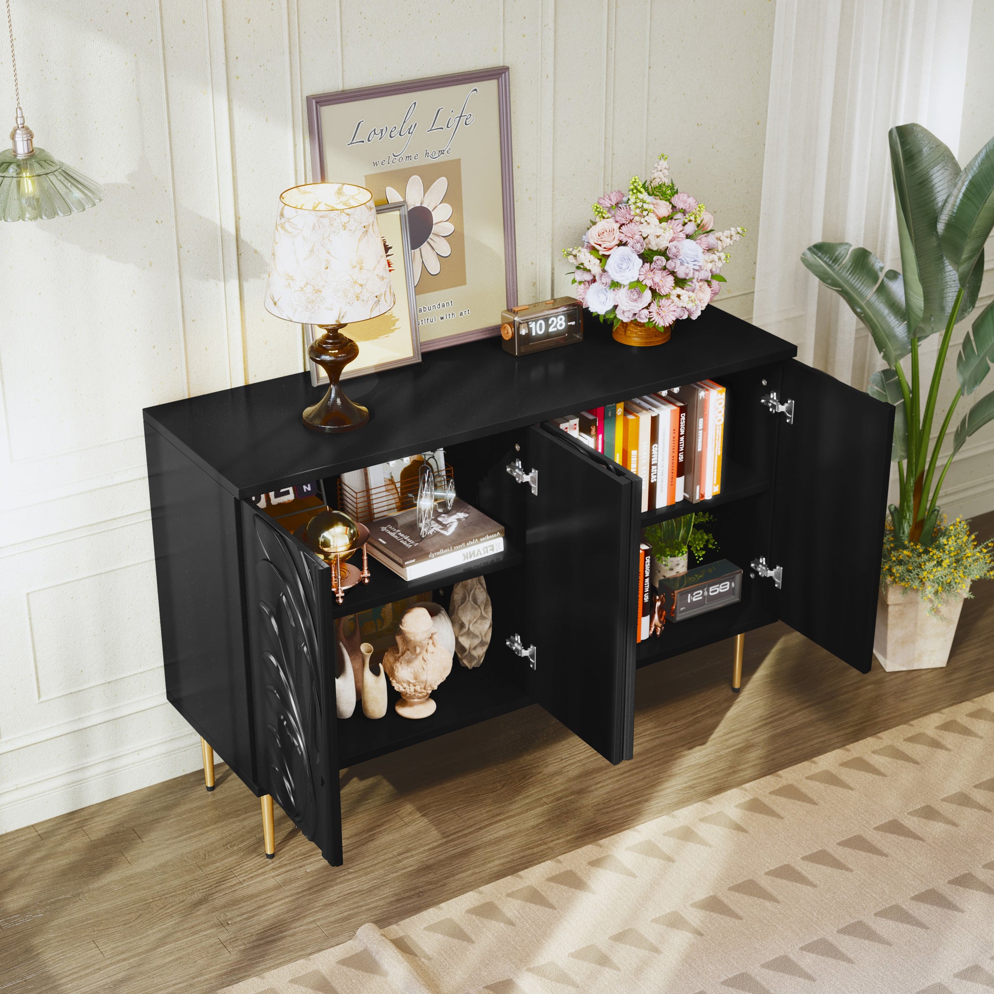 CBJCBJ 47.24"W Modern 4-Door Credenza with 3D Floral Doors & Shelves, Storage Sideboard for Dining Room, Kitchen Black