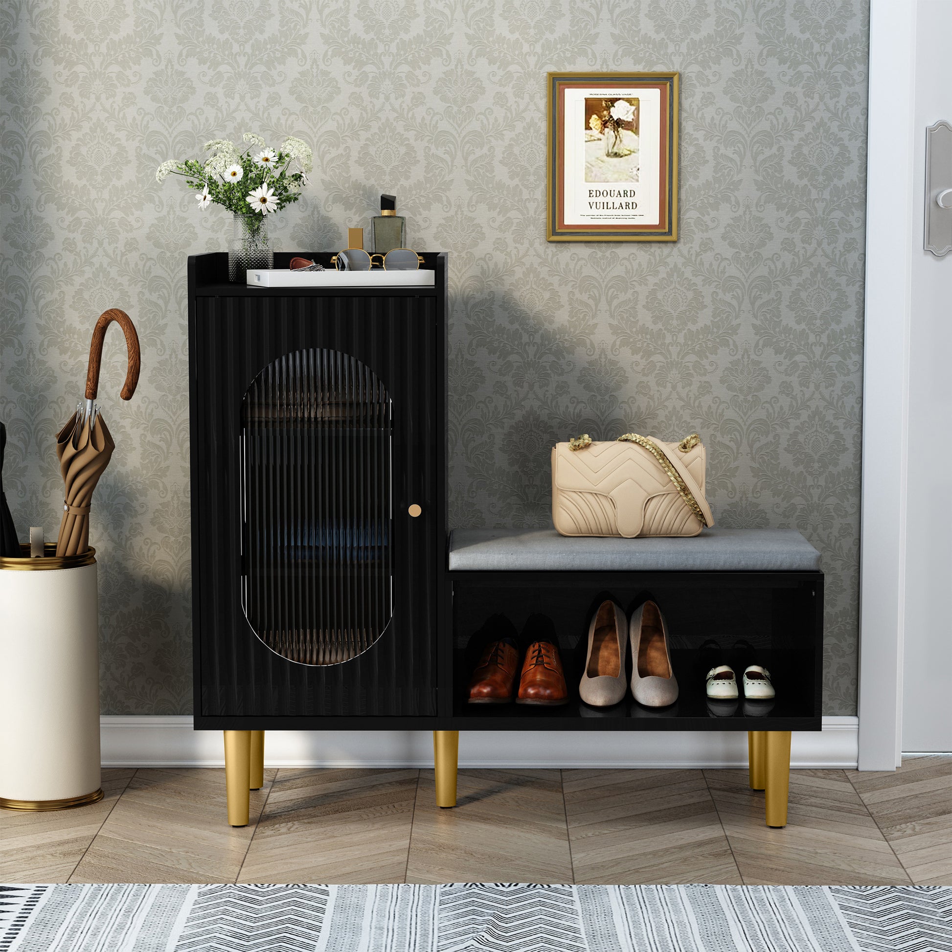 CBJCBJ Modern Storage Bench with Glass Door & Shelf - L-Shaped Entryway Cabinet, Padded Seat for Hallway/Bedroom/Office, Black