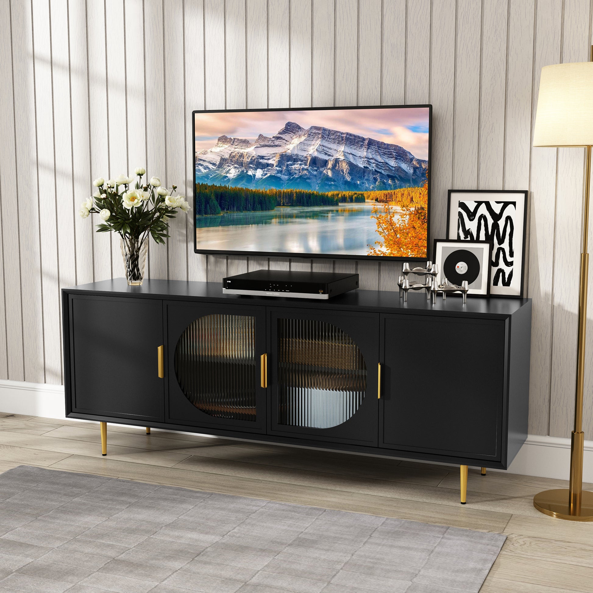 CBJCBJ 66" TV up to 75" Stand for Living Room, Entertainment Center with Glass Storage Cabinet,Black