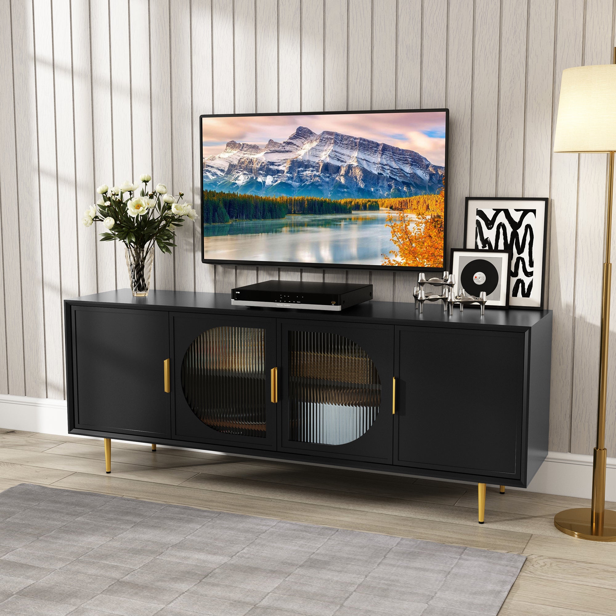 CBJCBJ 66" TV up to 75" Stand for Living Room, Entertainment Center with Glass Storage Cabinet,Black