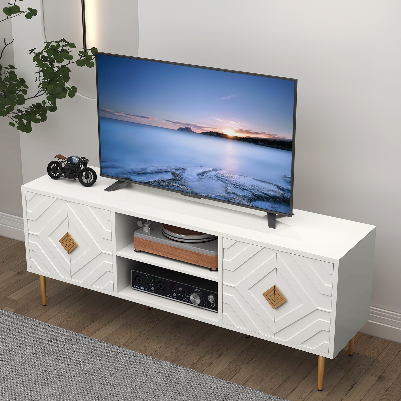 CBJCBJ 63" Modern TV Stand for 65" TVs - Geometric Carved Design, 3-Section Storage (Adjustable Middle) & Gold Handles, White