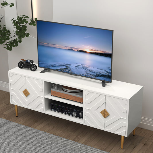 CBJCBJ 63" Modern TV Stand for 65" TVs - Geometric Carved Design, 3-Section Storage (Adjustable Middle) & Gold Handles, White