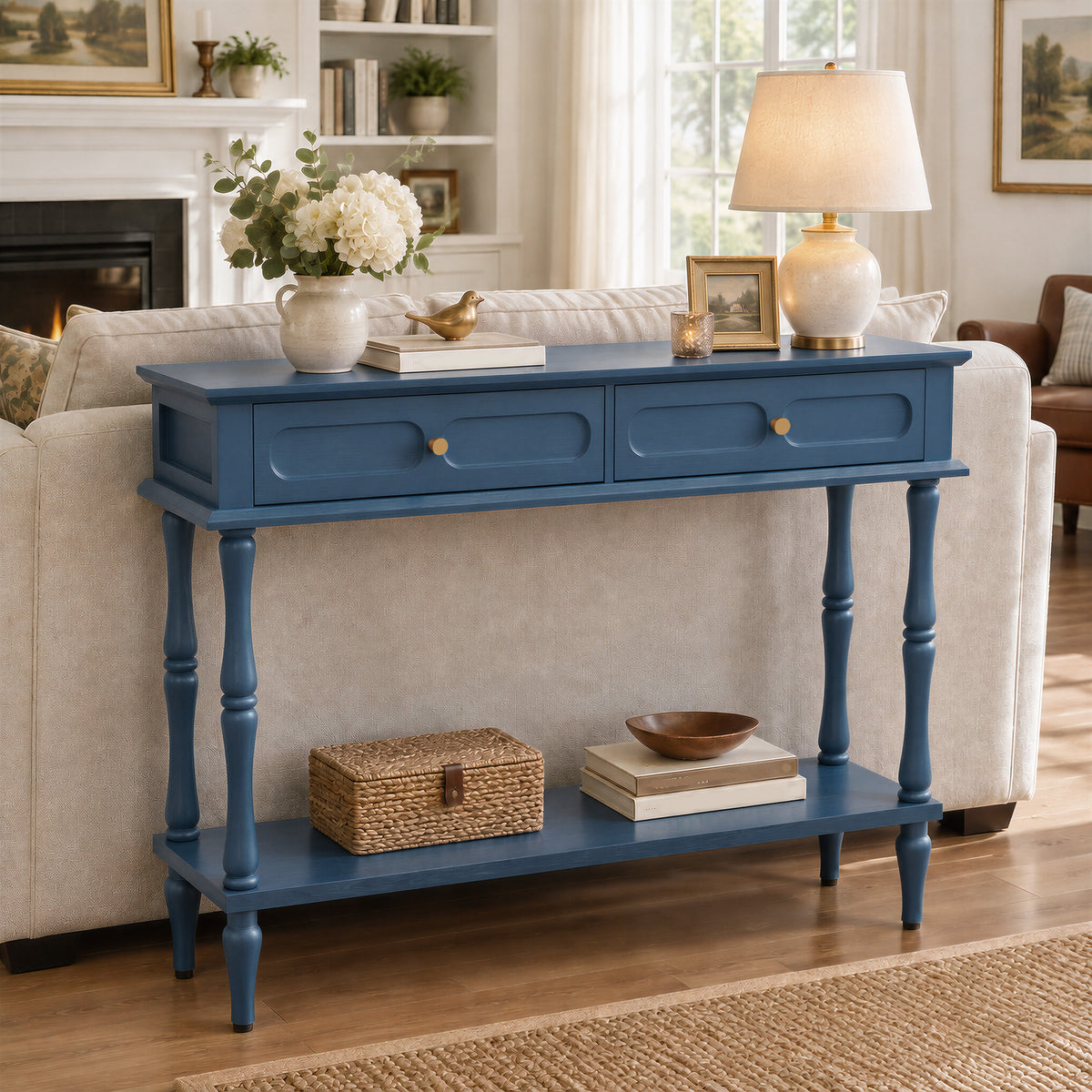 HLR 41" Mid Century Console Tables, Entryway Tables with 2 Drawers, 10 Mins Assembly, Blue