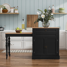 CBJCBJ Modern Extendable Kitchen Islands on Wheels with Power Outlet, Dining Table Cart with 2 Doors Storage, Black