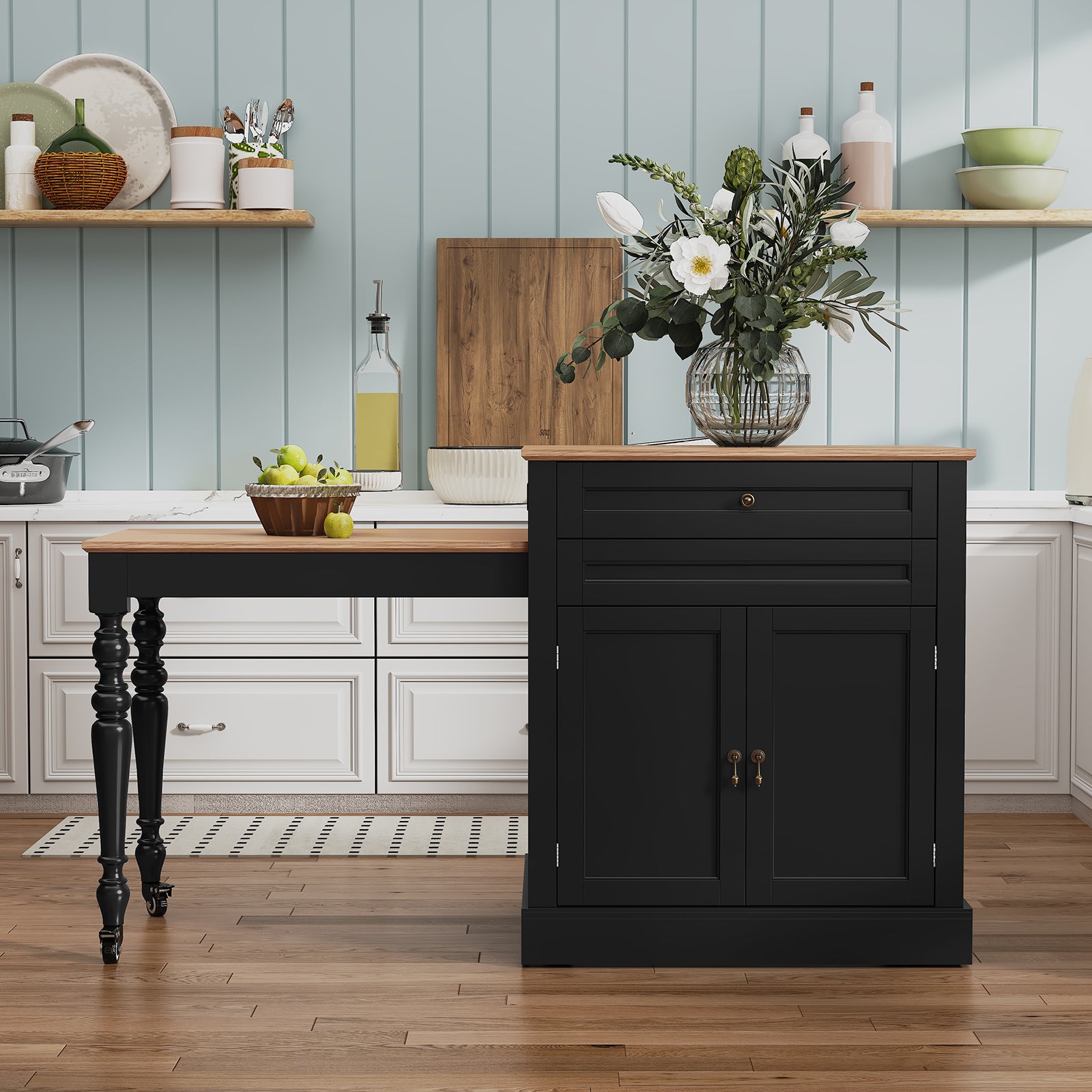 CBJCBJ Modern Extendable Kitchen Islands on Wheels with Power Outlet, Dining Table Cart with 2 Doors Storage, Black