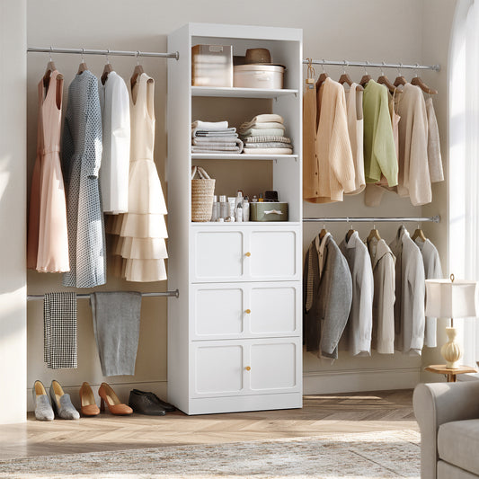 HLR Open Wardrobe Closet System with Adjustable Hanging Rods, Storage Cabinet with Drawers and Shelves, White