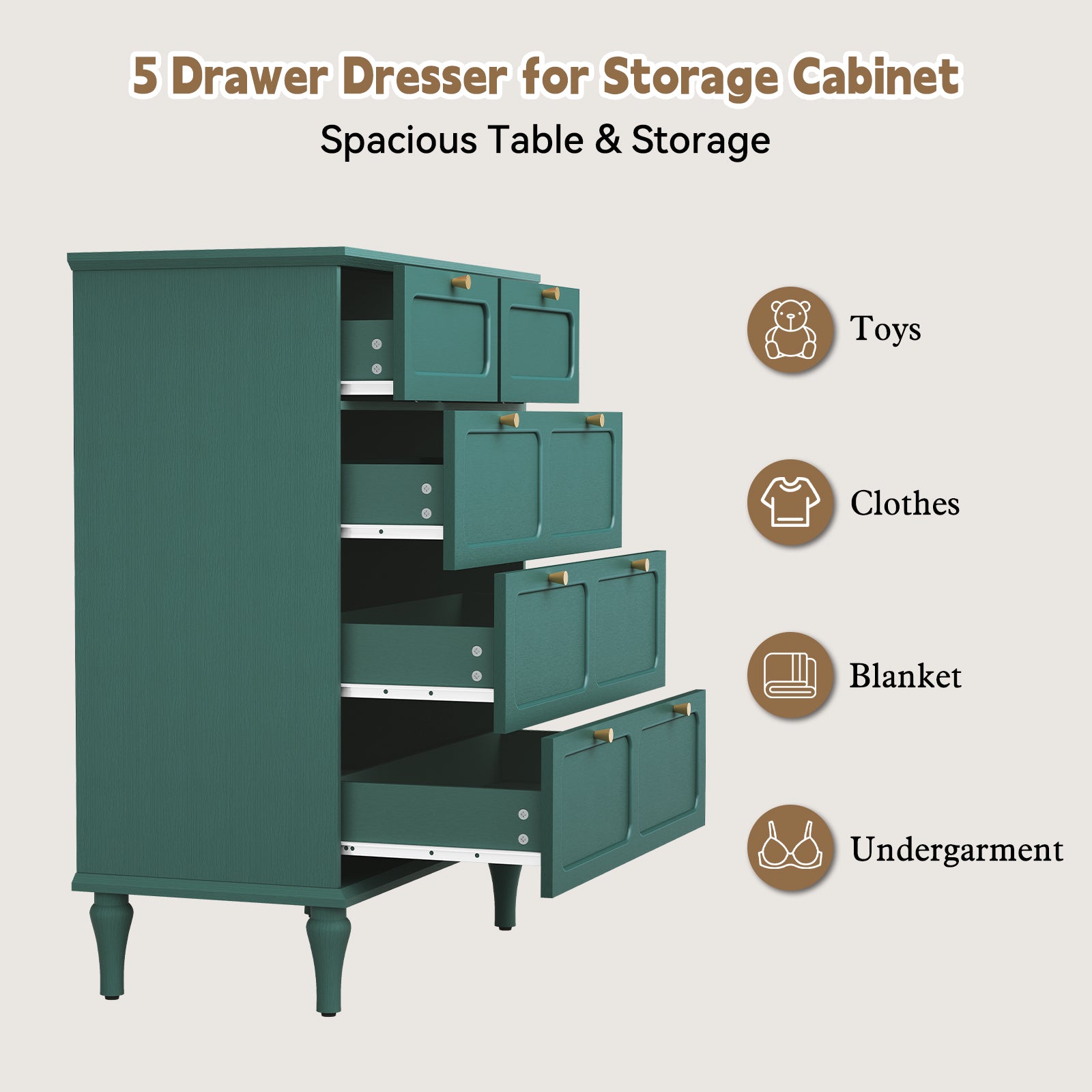 CBJCBJ 31.5" 5 Drawers Dressers, Large Floor Mid-Century Chest of Drawers for Bedroom, Hallway, Green