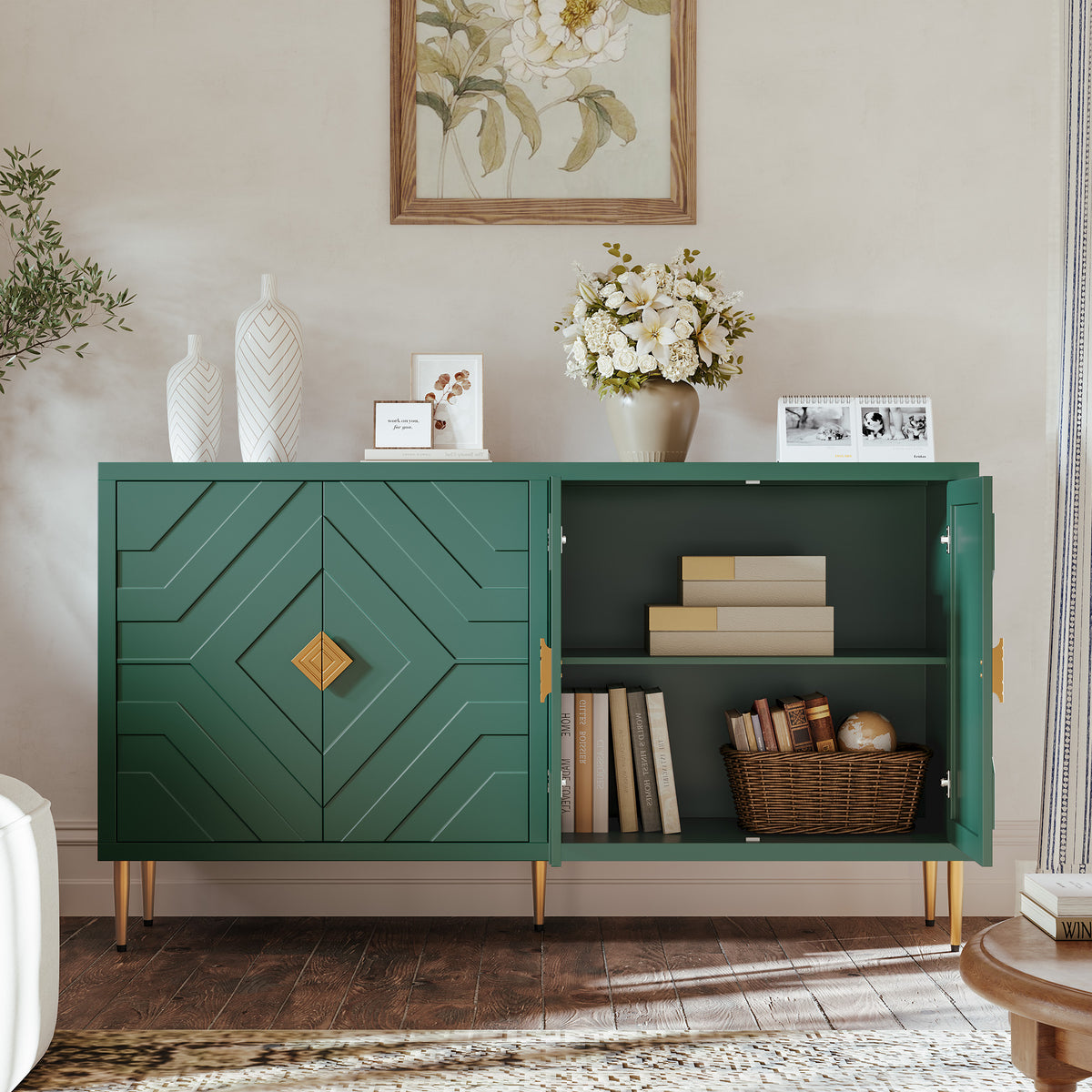 HLR 58" Modern Accent Sideboard Cabinet, 4 Doors, Adjustable Shelves, Fluted Storage Cabinet, Green