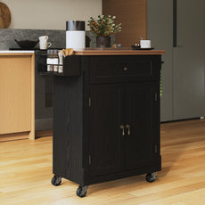 CBJCBJ Kitchen Islands Cart on Wheels with Storage, Wood Microwave Table with Drawers and Spice Box , for Dining Room,Black