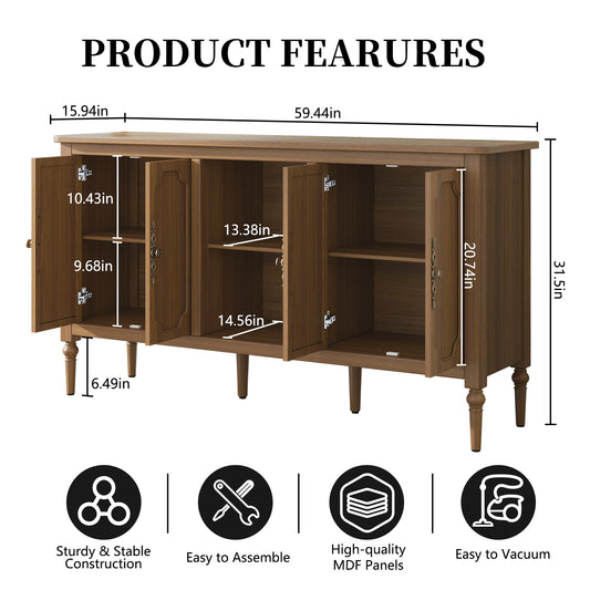 CBJCBJ 59" Mid-Century Storage Cabinet with Adjustable Shelves, Double-Layer Open Design for Living Room & Bedroom,Brown