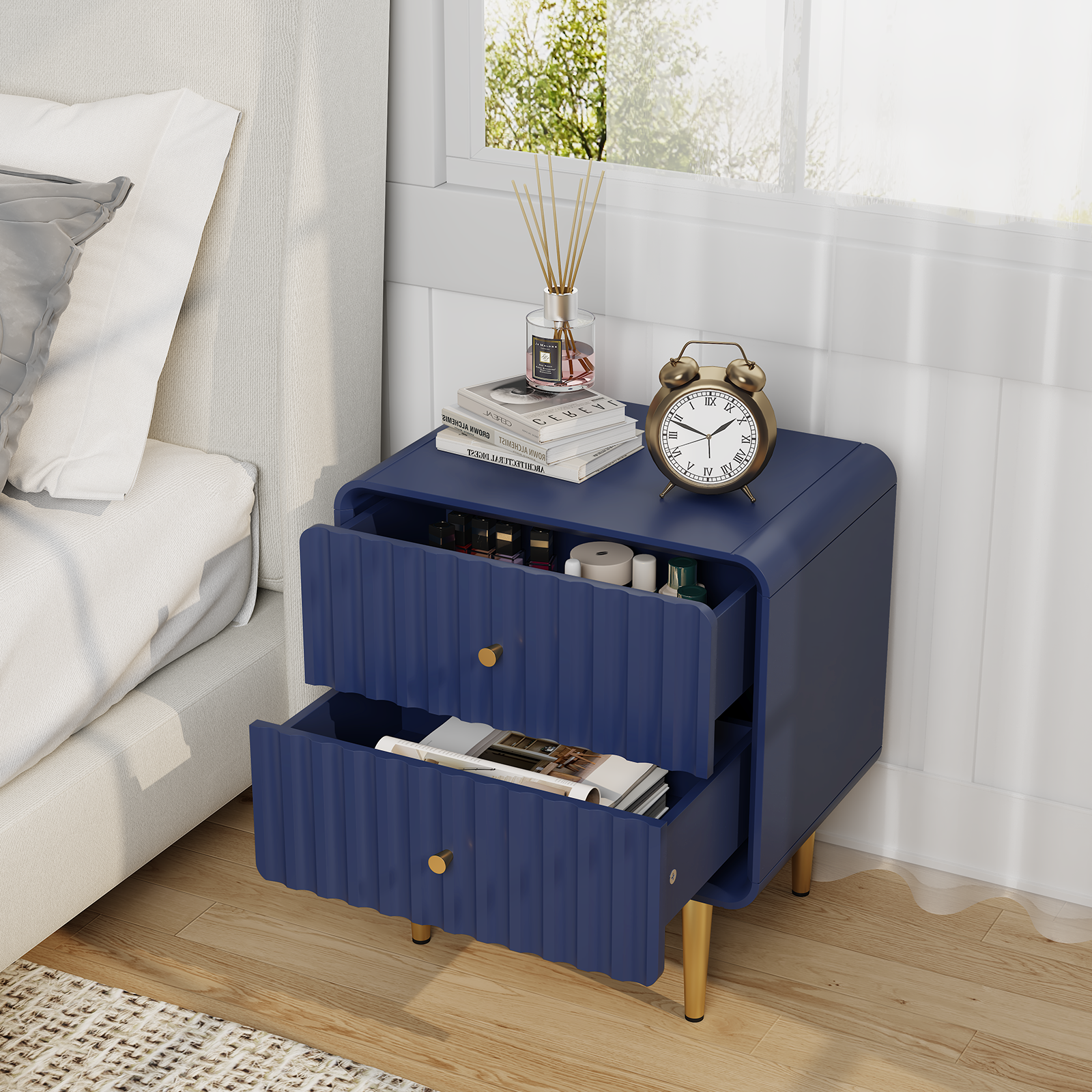 CBJCBJ Modern Bedroom Nightstand Set of 2, 20-Inch Wood Bedside Table with 2 Drawers and Gold Handles, BLUE