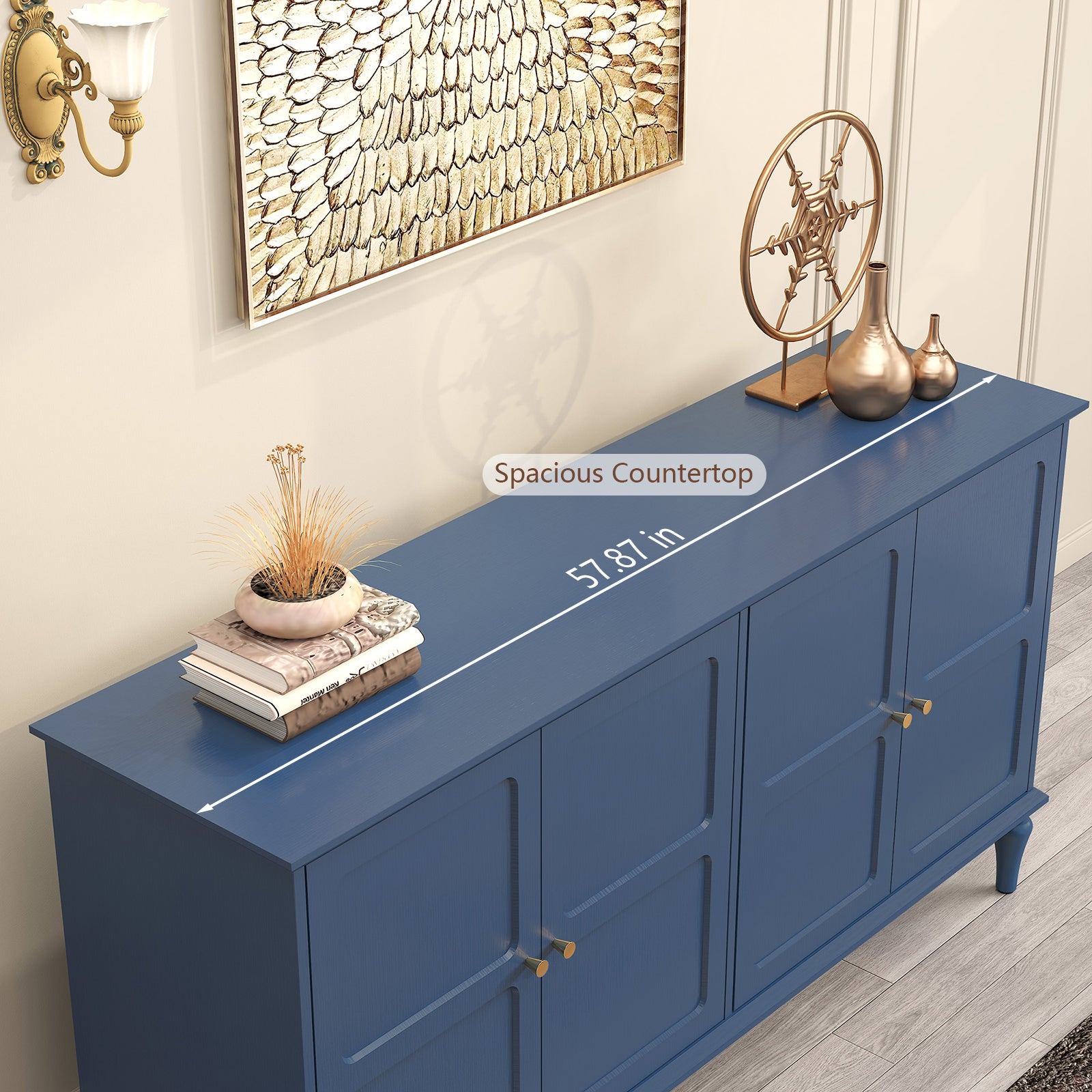 HLR Mid Century 58" Wood 4 Door Sideboard Buffet Cabinet with Storage for Living Dining (Navy Blue)