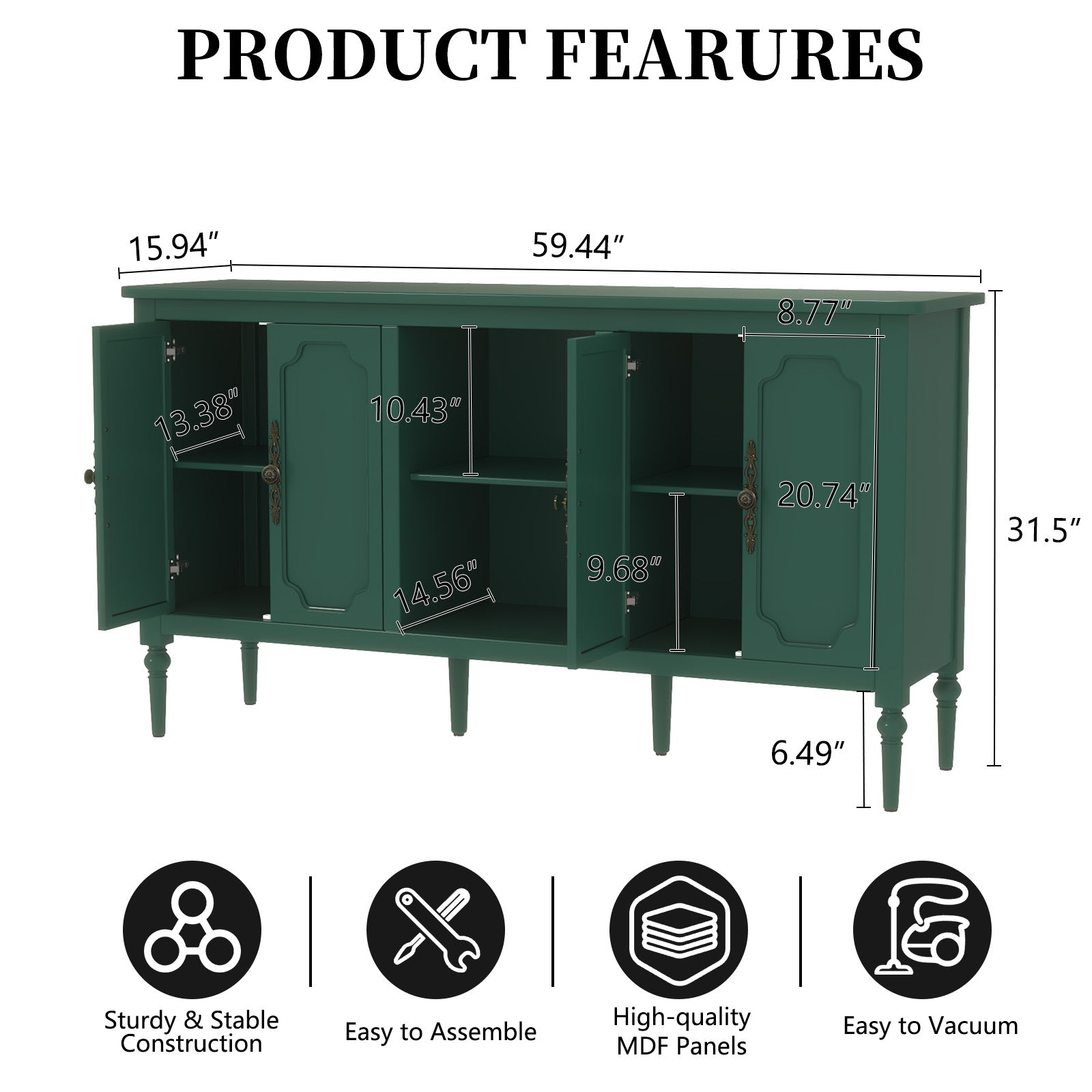 CBJCBJ 59" Mid-Century Storage Cabinet with Adjustable Shelves, Double-Layer Open Design for Living Room & Bedroom, Green