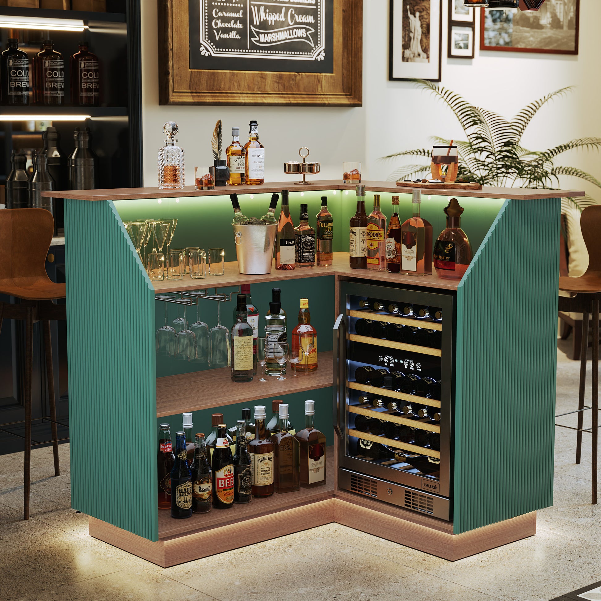 CBJCBJ L-Shaped Home Bar Cabinet,4-Tier Corner Bar counter with Fridge Space,Unit Wine Cabinet with Storage,Green