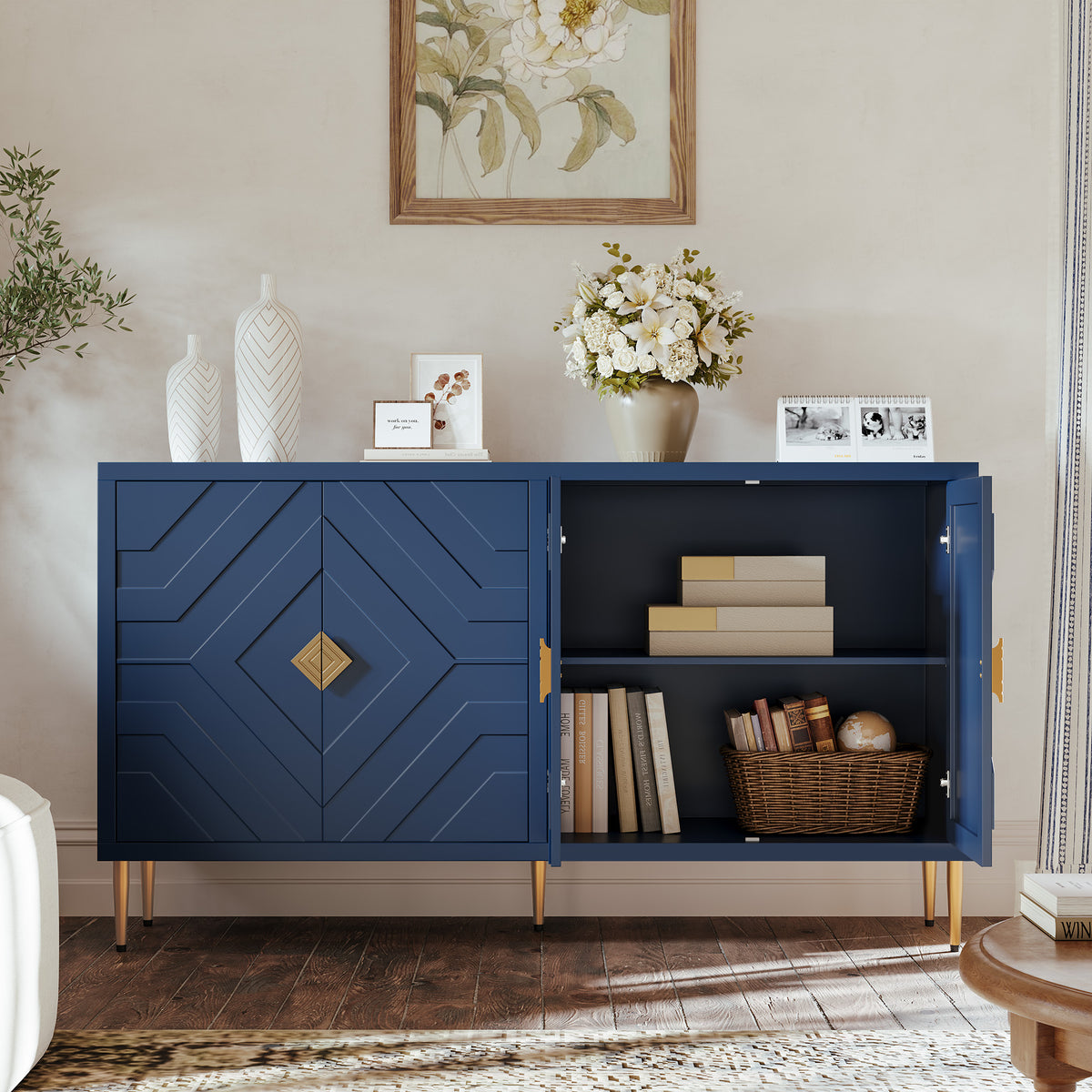 HLR 58" Modern Accent Sideboard Cabinet, 4 Doors, Adjustable Shelves, Fluted Storage Cabinet, Blue
