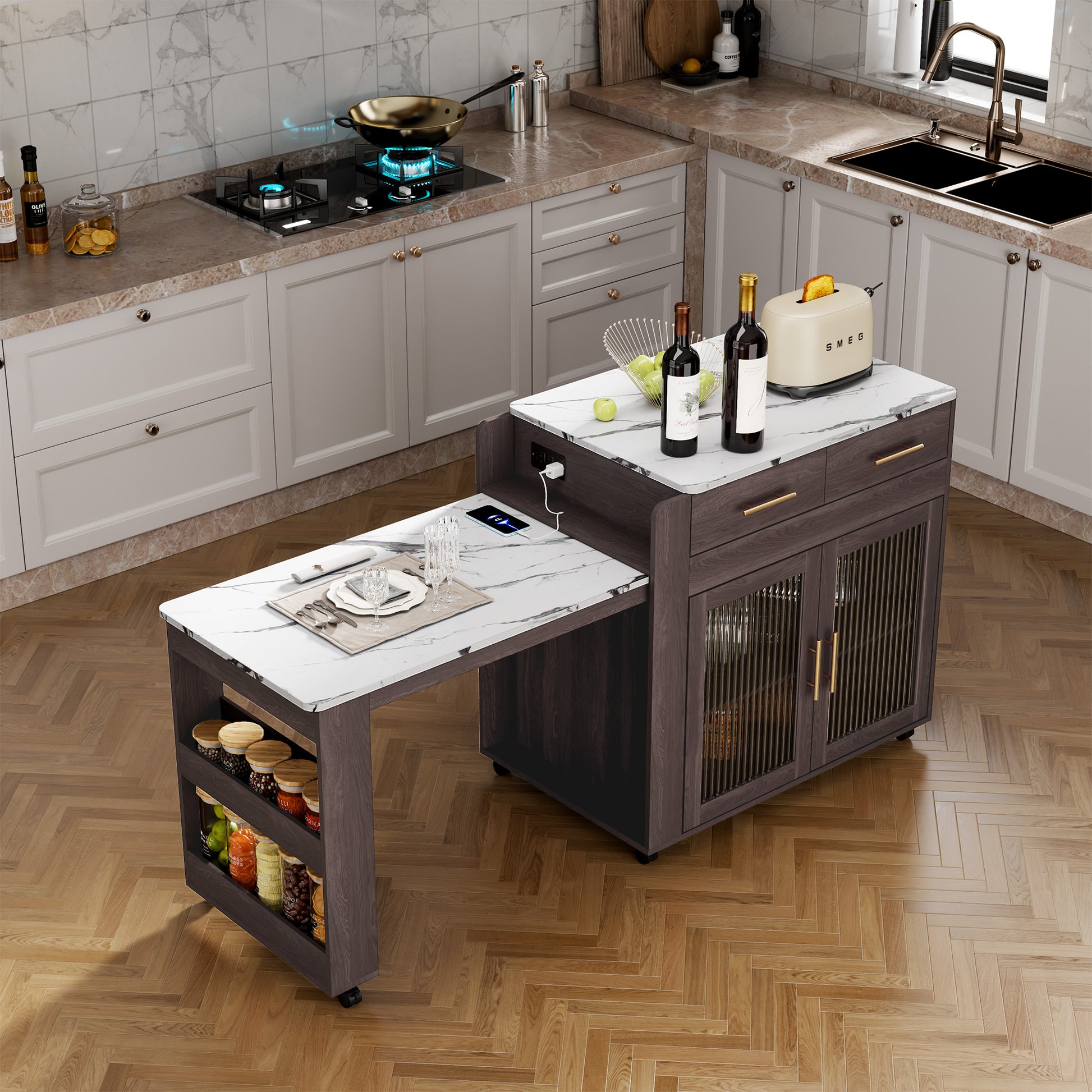 CBJCBJ Kitchen Island with Storage | Expandable Retractable on Wheels 71.65" L| Space-Saving of Island Cart Brown