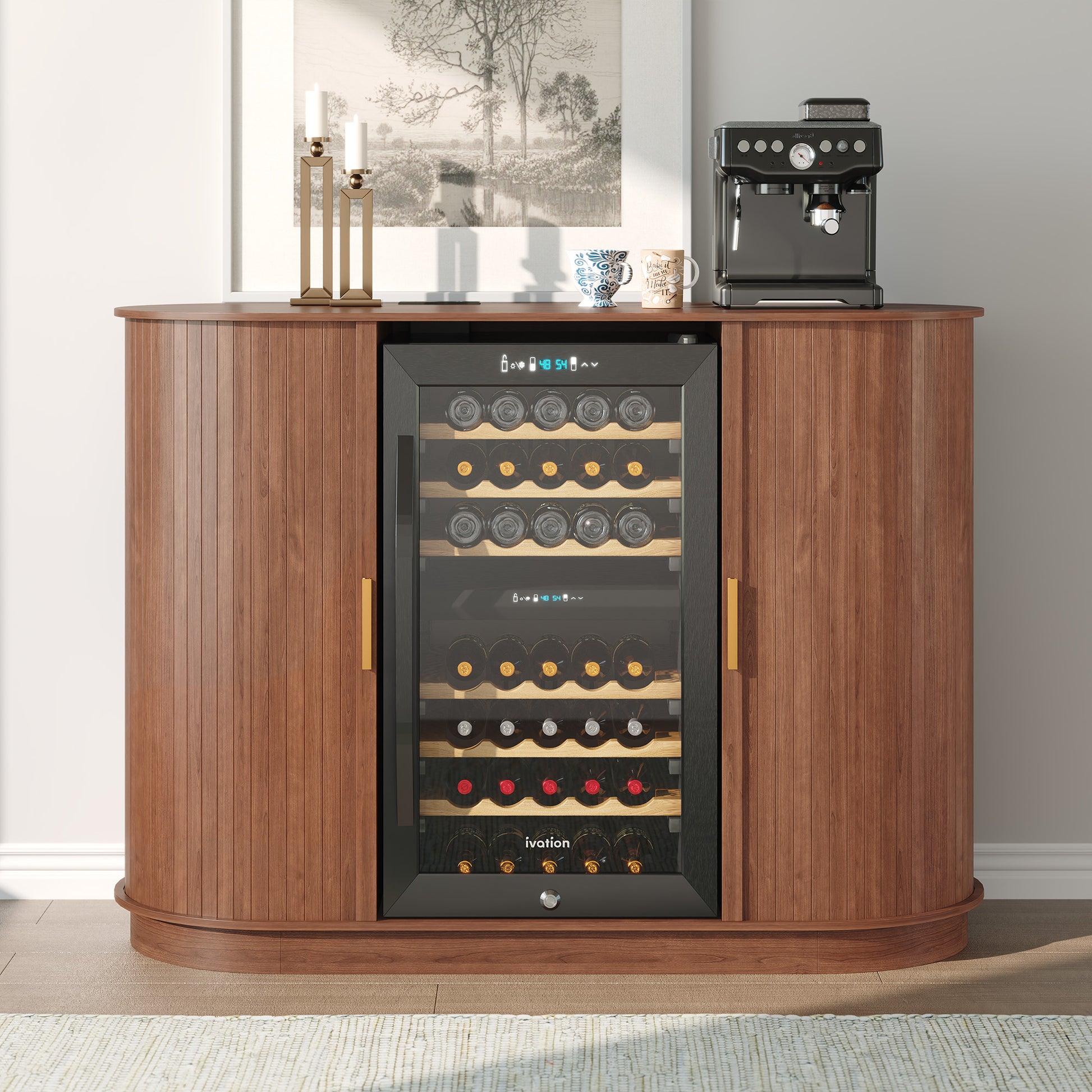CBJCBJ 53" Wine Bar Cabinet with Tambour Door, Coffee Bar for Dining Room,Green