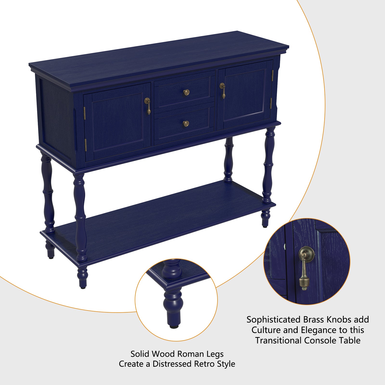 HLR 42" Farmhouse Modern Console Table, Entryway Table with Storage Shelf for Living Room, Navy Blue