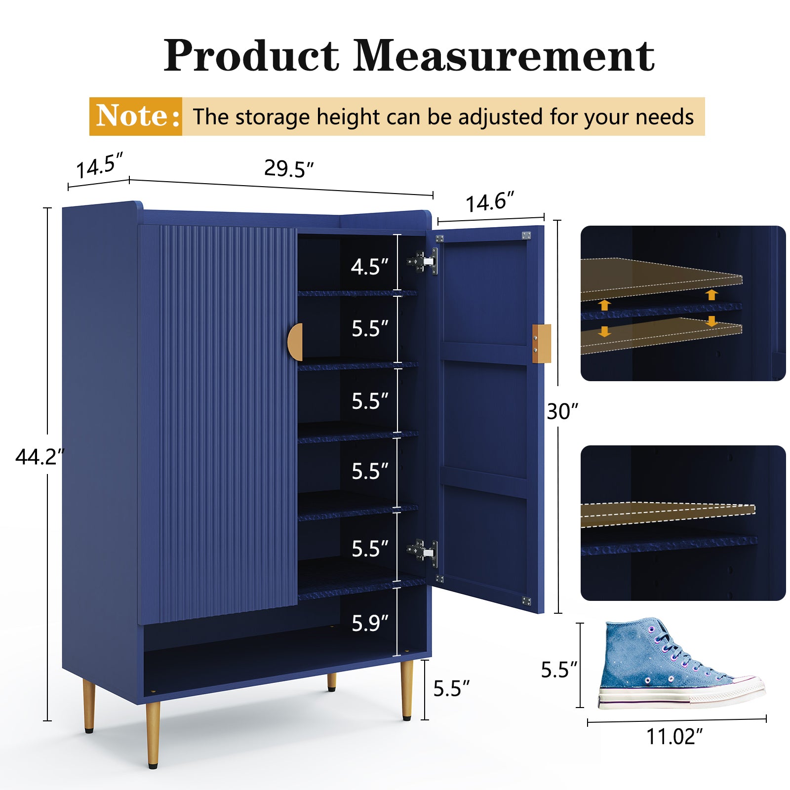 CBJCBJ 7-Tier Shoe Cabinet Storage with 2 Door and Adjustable Shelves Wood Shoes Rack for Entryway, Blue