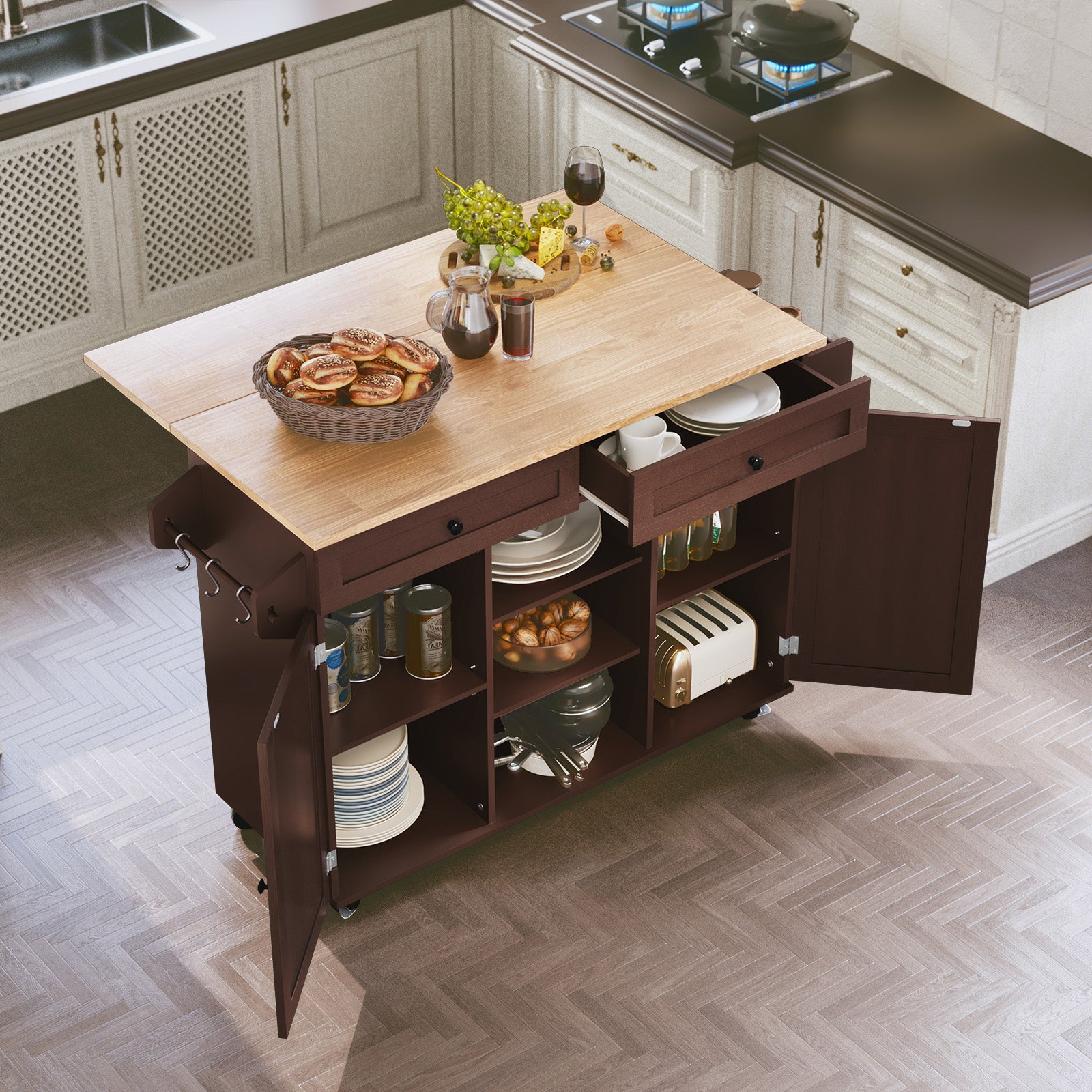 CBJCBJ 51.7" Rolling Kitchen Island Foldable, Adjustable Shelf & 2 Storage Doors - Mobile Kitchen Cart, Breakfast Bar with Storage (Brown)