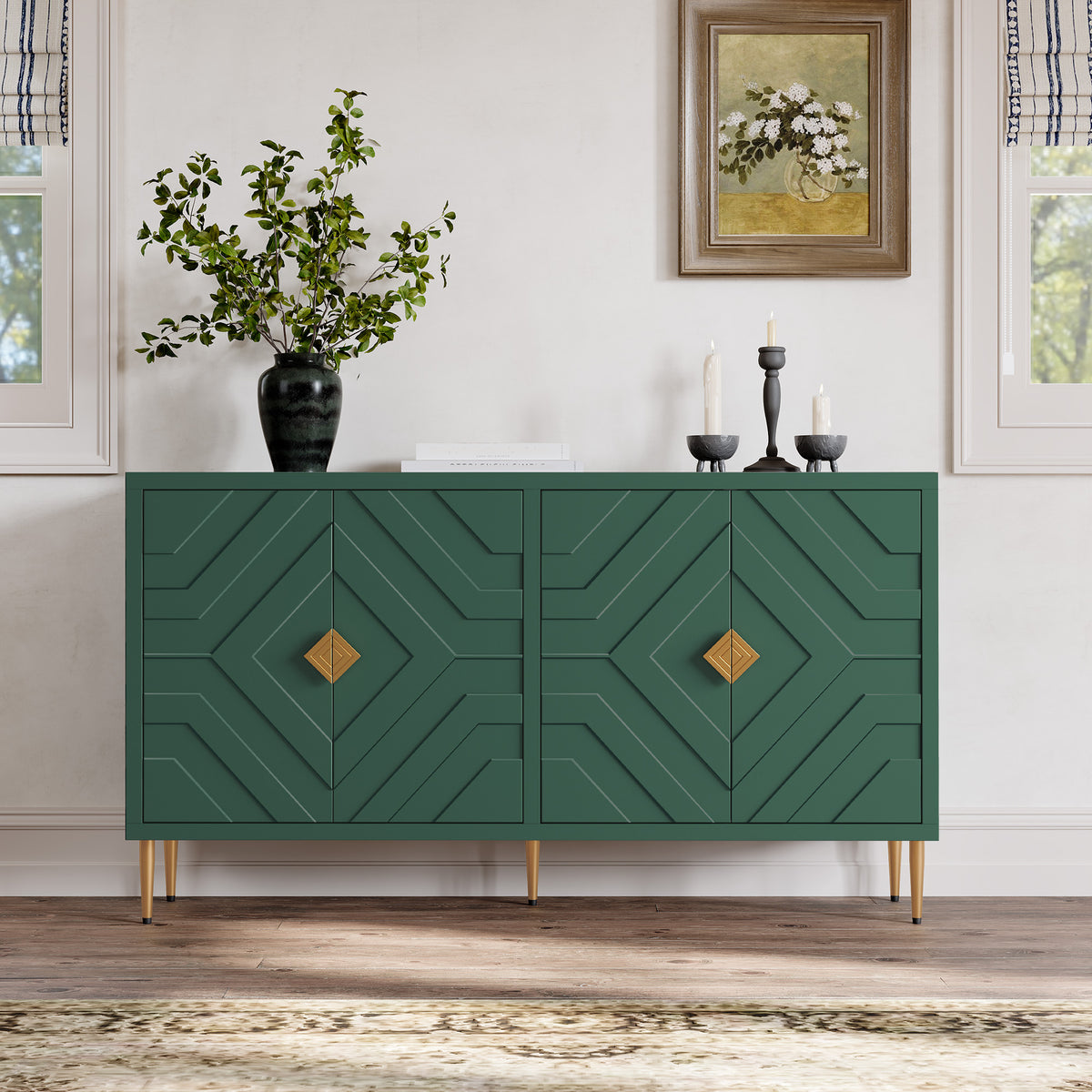 HLR 58" Modern Accent Sideboard Cabinet, 4 Doors, Adjustable Shelves, Fluted Storage Cabinet, Green