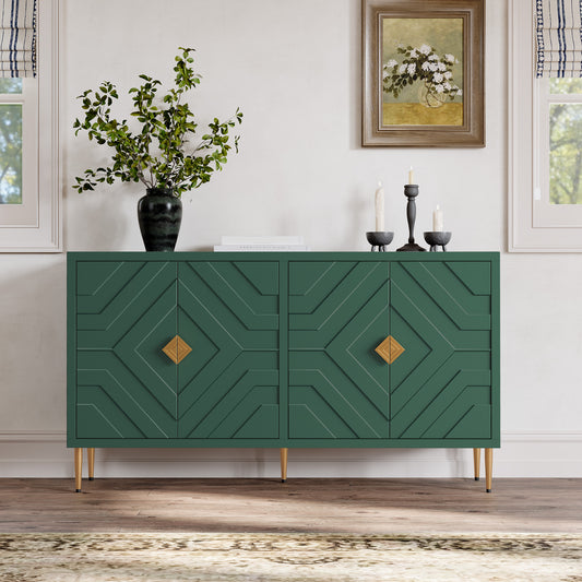 HLR 58" Modern Accent Sideboard Cabinet, 4 Doors, Adjustable Shelves, Fluted Storage Cabinet, Green