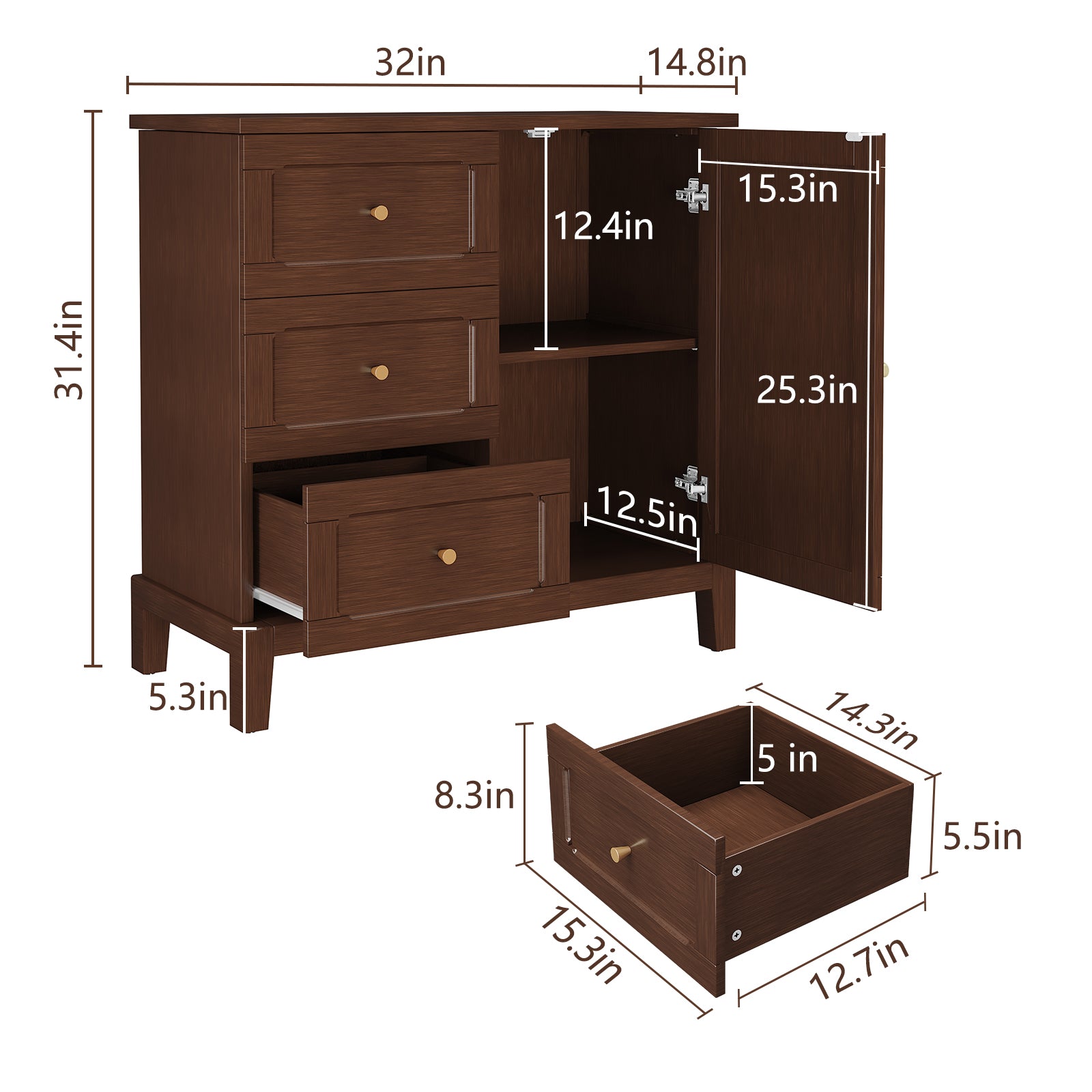 HLR Modern 32"W Accent Cabinet 3 Drawers & Door, Wood Sideboard with Storage for Living Room, Brown
