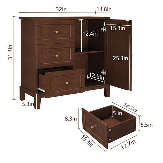 HLR Modern 32"W Accent Cabinet 3 Drawers & Door, Wood Sideboard with Storage for Living Room, Brown