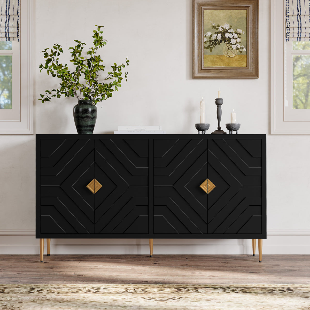 HLR 58" Modern Accent Sideboard Cabinet, 4 Doors, Adjustable Shelves, Fluted Storage Cabinet, Black