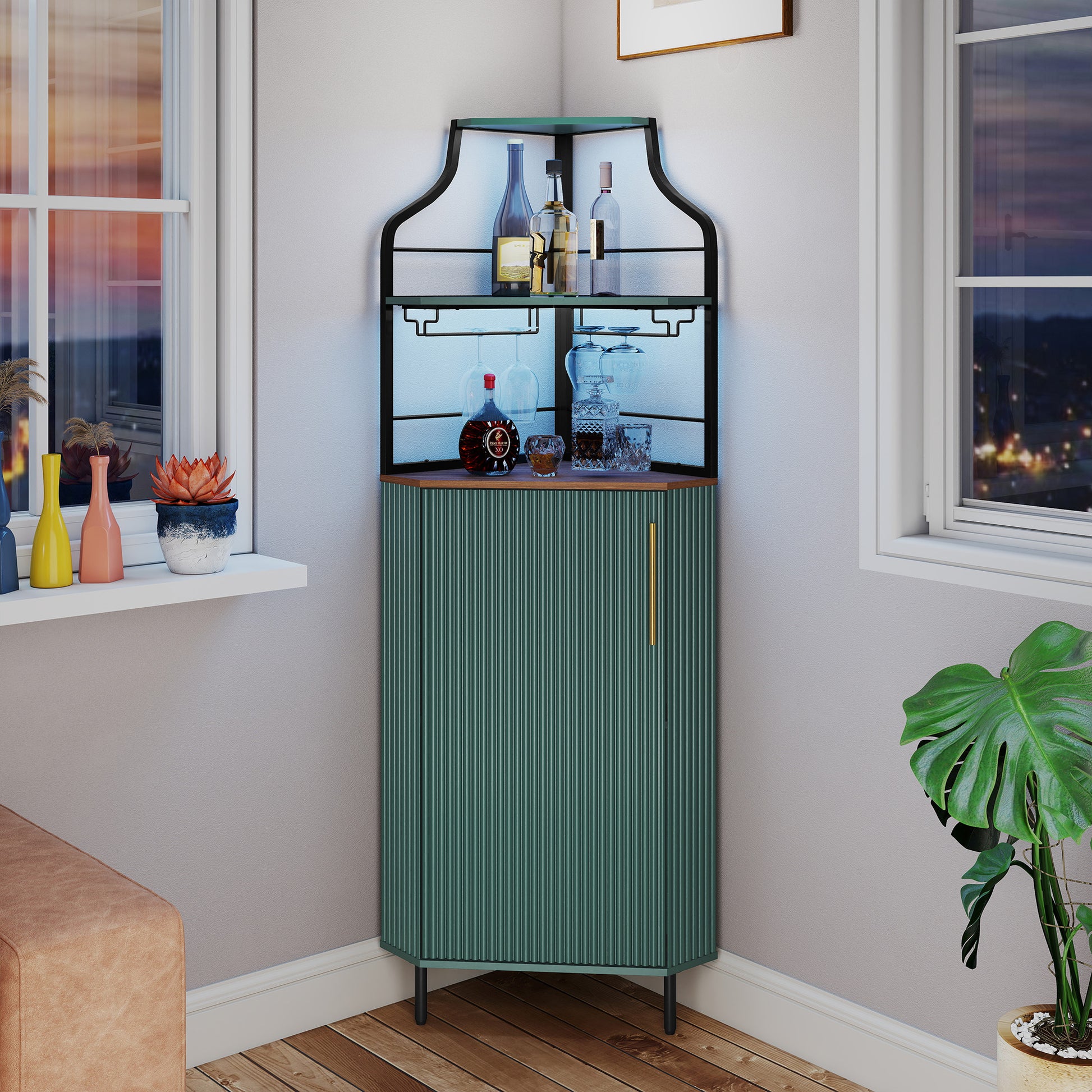 HLR Corner Coffee Bar Cabinet with LED Strip, 4-Tiers Modern Tall Liquor Cabinet with Wine Rack for Dining Room