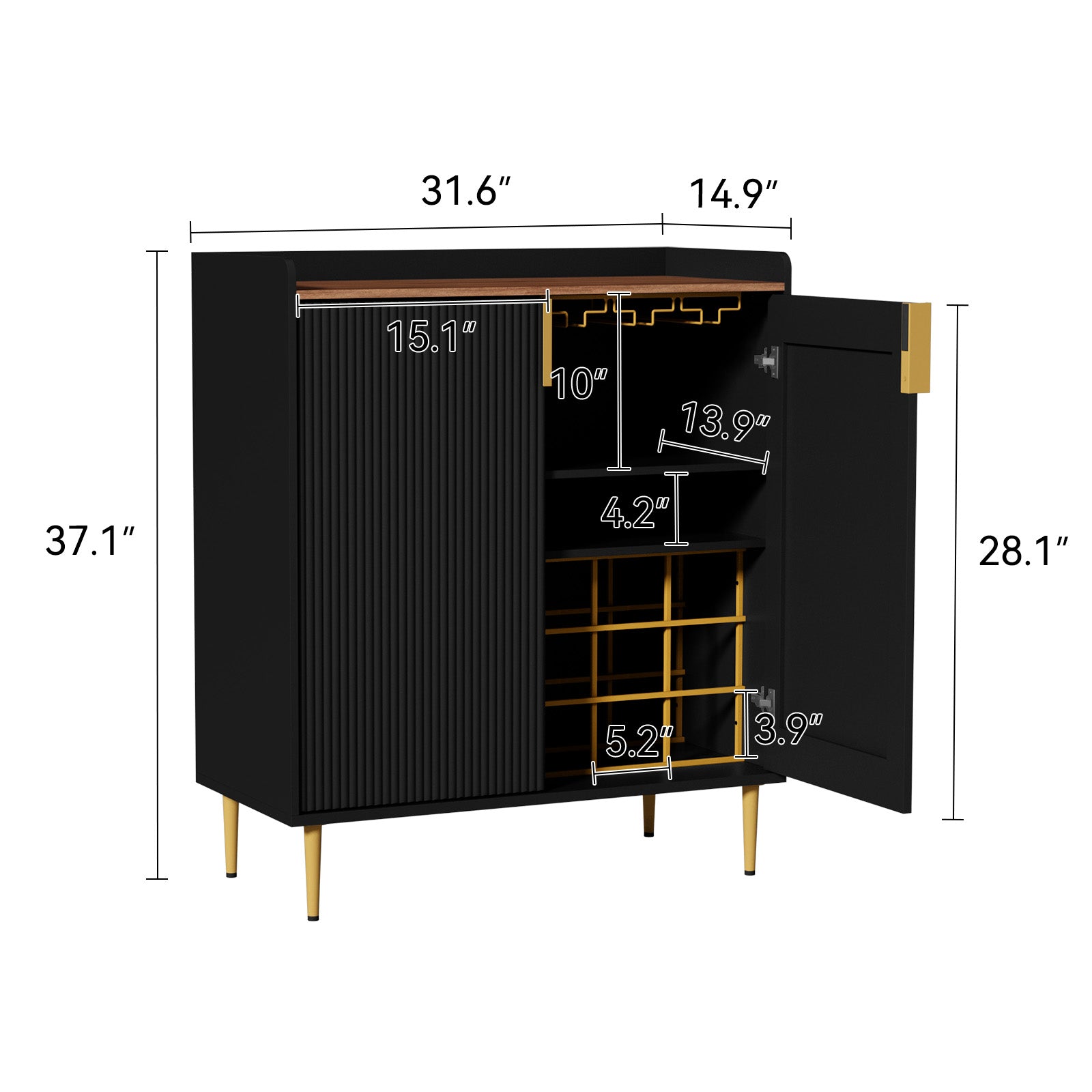 HLR 32"W Wine Bar Cabinet with 2 Door Fluted Texture, Modern Coffee Cabinet with Rack&Glass Holder, Black.