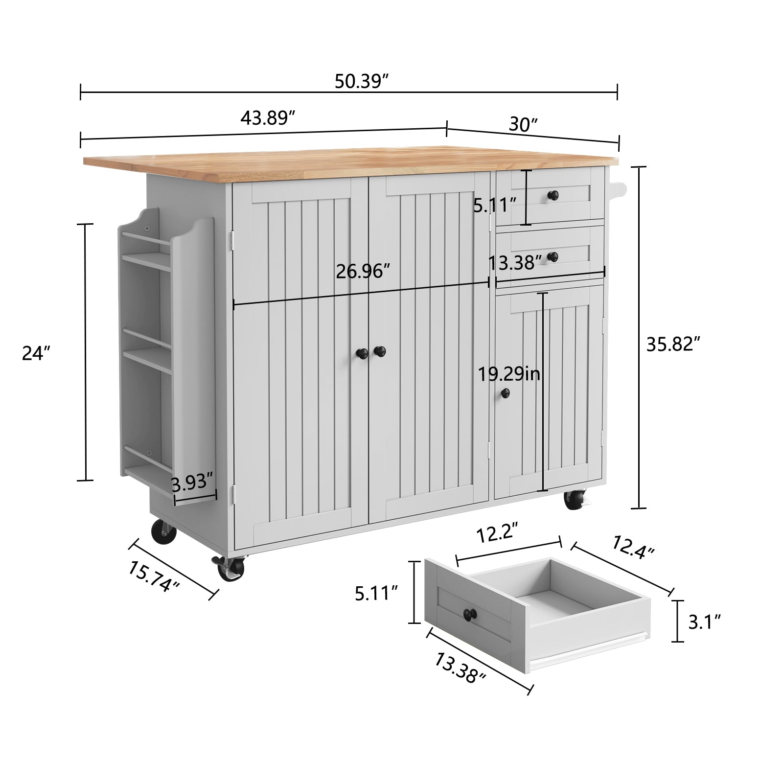 CBJCBJ 50.4" Kitchen Island with Storage, Wood Top Cart with Drop Leaf and Wheels, Gray