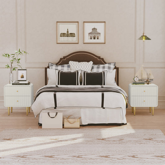 CBJCBJ 20" Modern Fluted Nightstand Set of 1, White Wood Bedside Table with 2 Drawers & Gold Metal Handles（White）