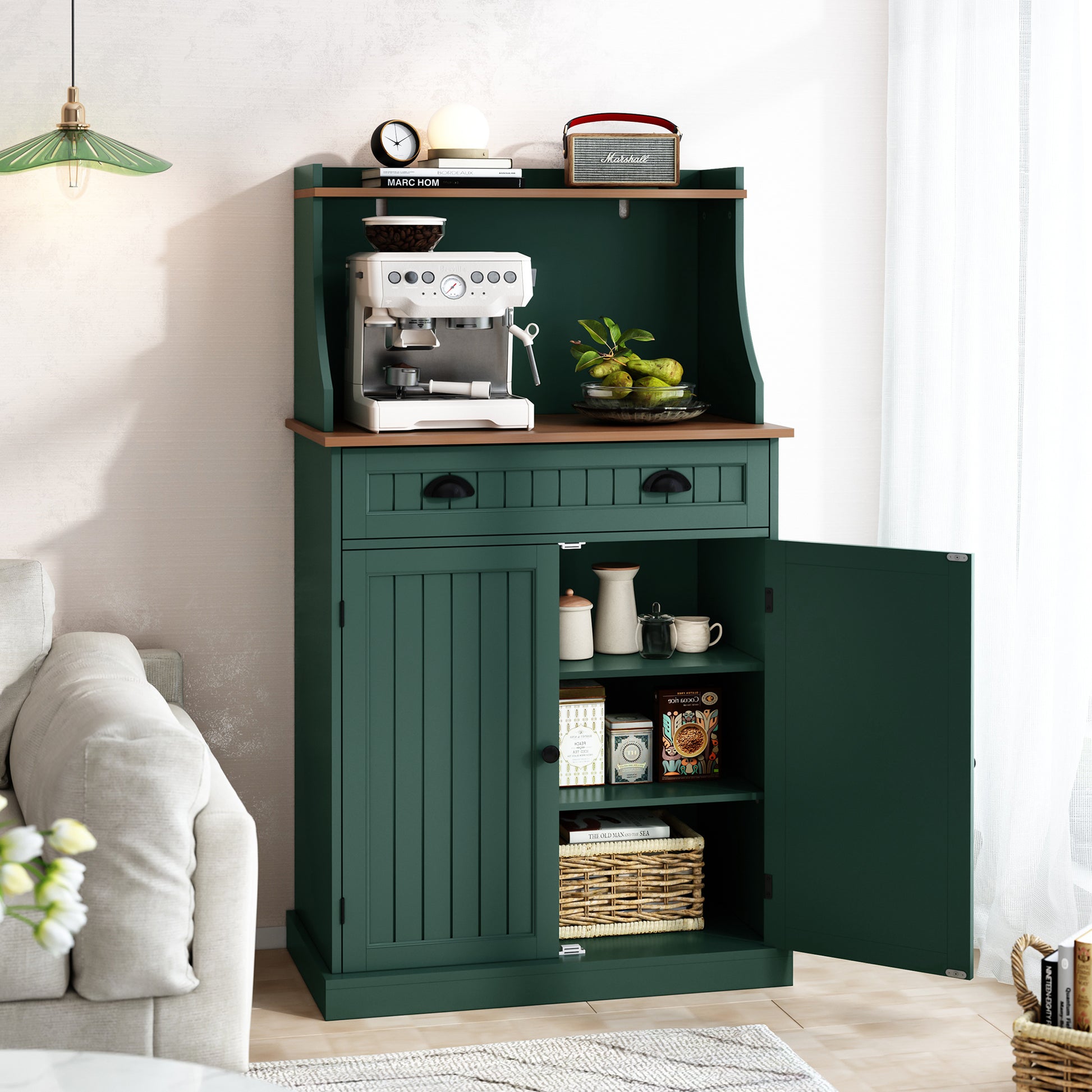 CBJCBJ 54" Kitchen Pantry Cabinet with Door & Shelves, Sideboard Buffet Cabinet with Microwave Stand for Dining Room,Green