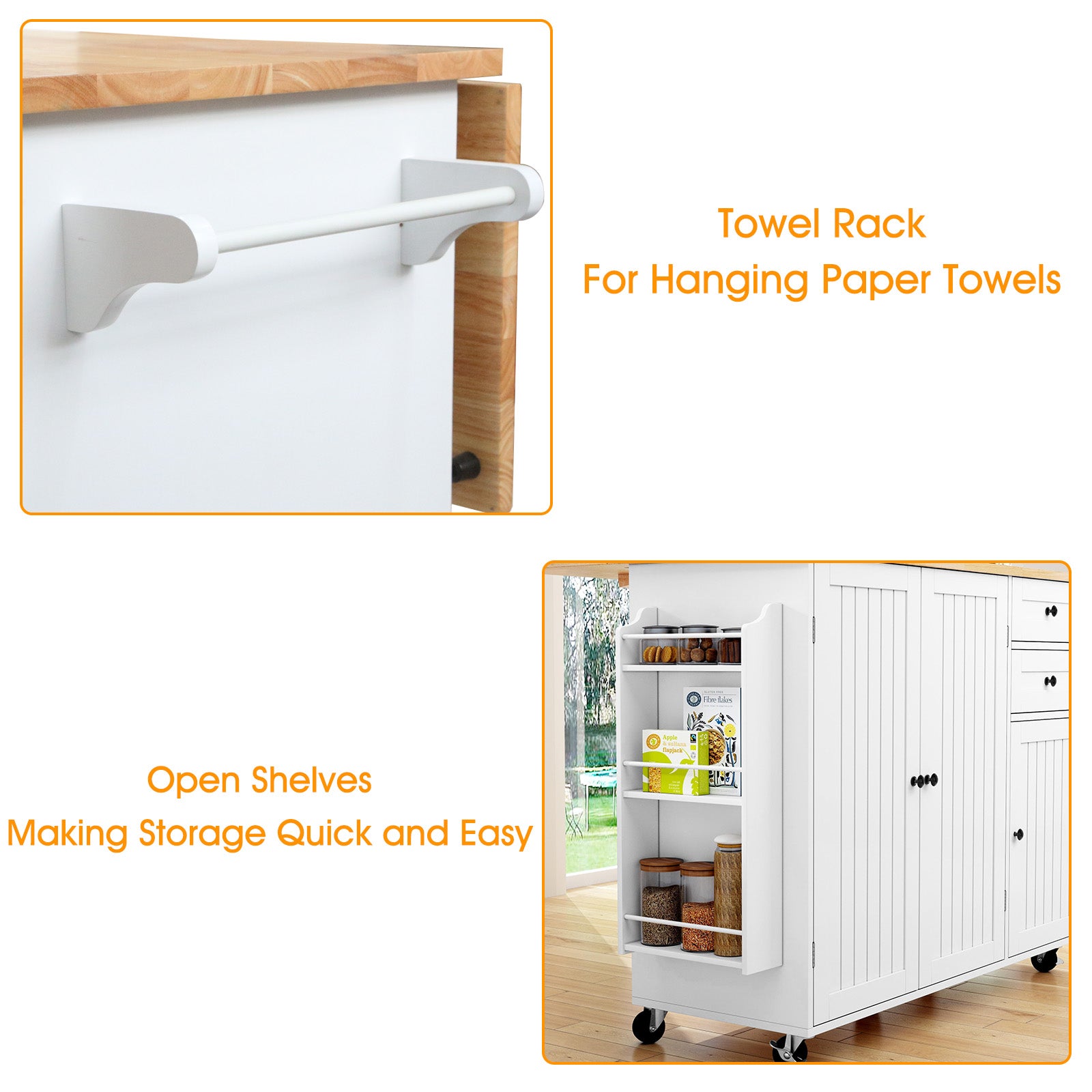 HLR 50.39" Kitchen Island with Storage, Wood Top Cart with Drop Leaf and Wheels, White