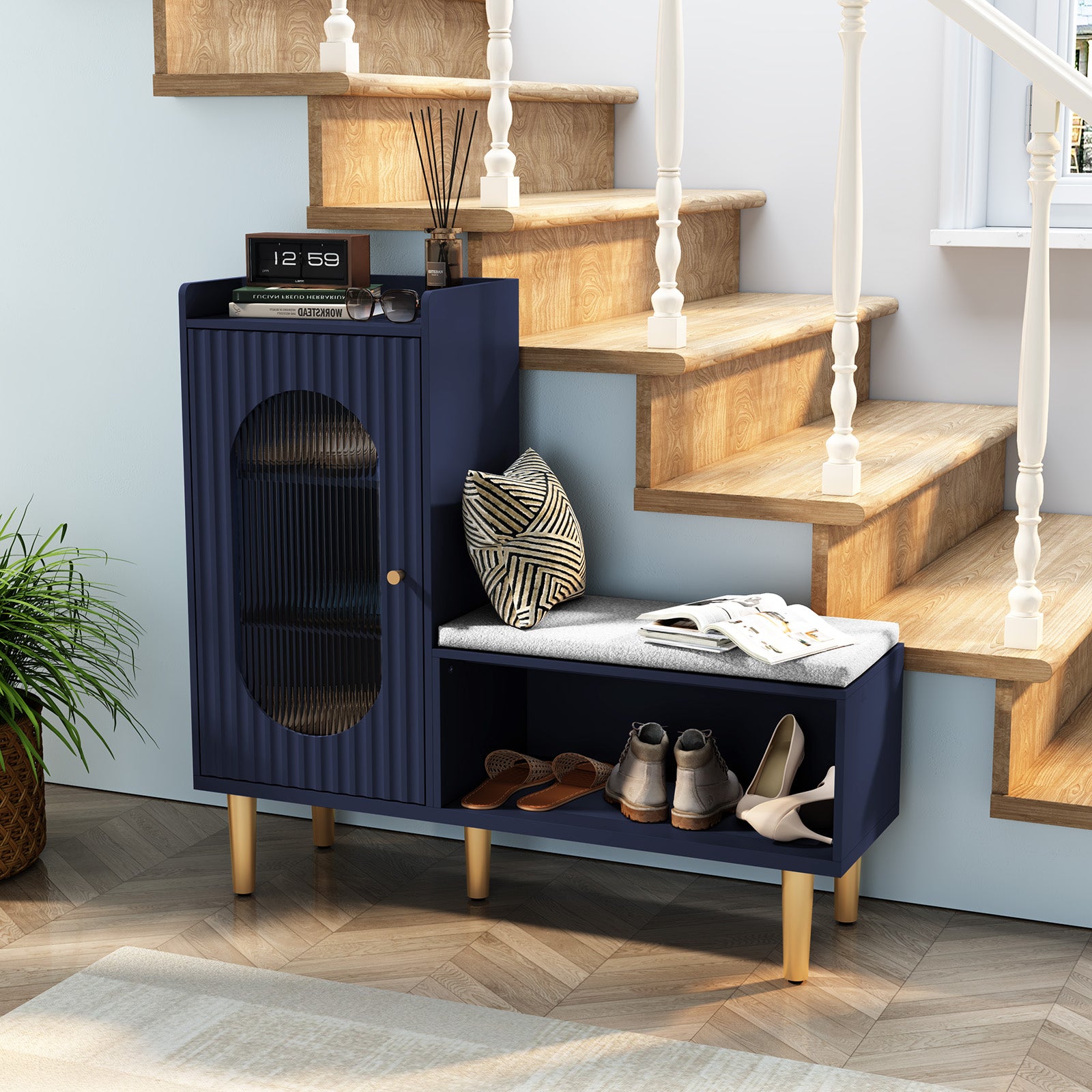 CBJCBJ Modern Storage Bench with Glass Door & Shelf - L-Shaped Entryway Cabinet, Padded Seat for Hallway/Bedroom/Office, Blue