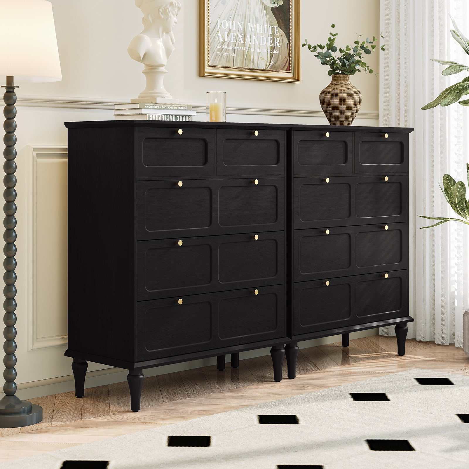 HLR 40" Mid-century 5 Drawer Dresser for Bedroom, Small Dressers & Chest of Drawers, Black