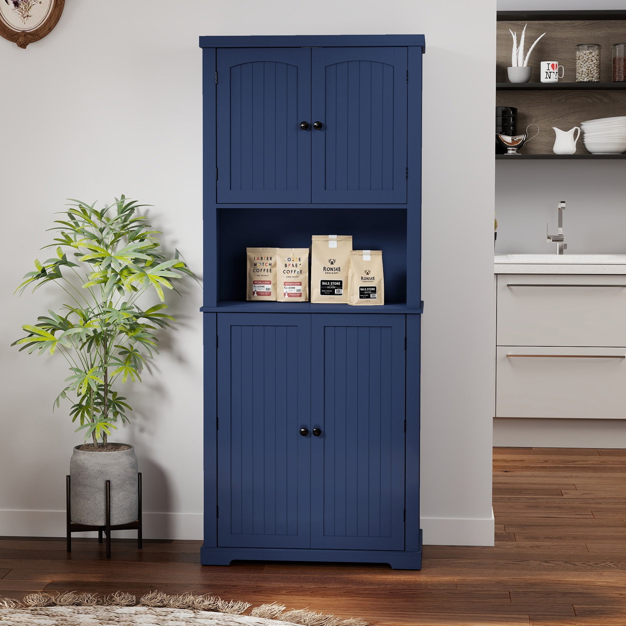 CBJCBJ 72" Tall 6-Layer Modern Kitchen Pantry Cabinet with Open Storage and Adjustable Shelves,Blue